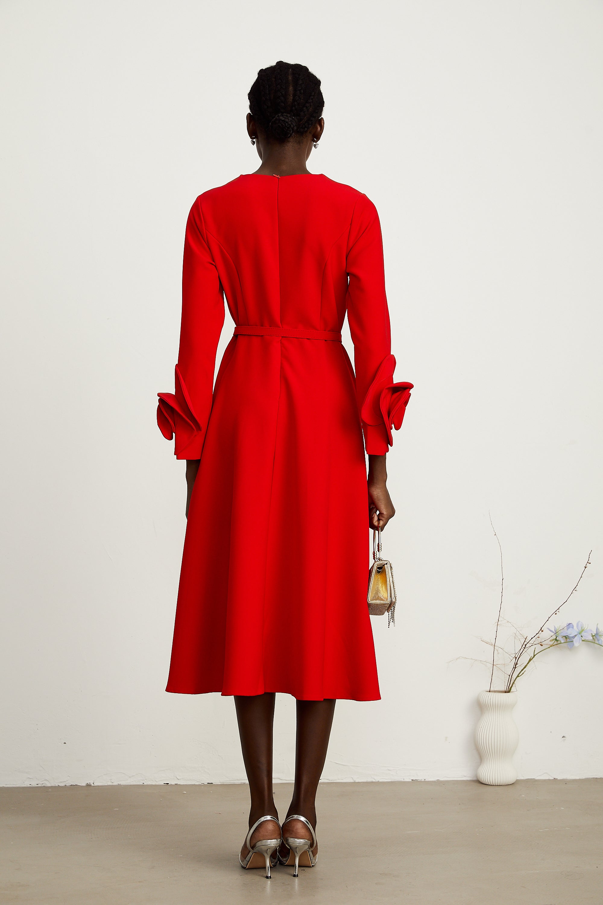 Elysia floral-embellished red long-sleeve dress