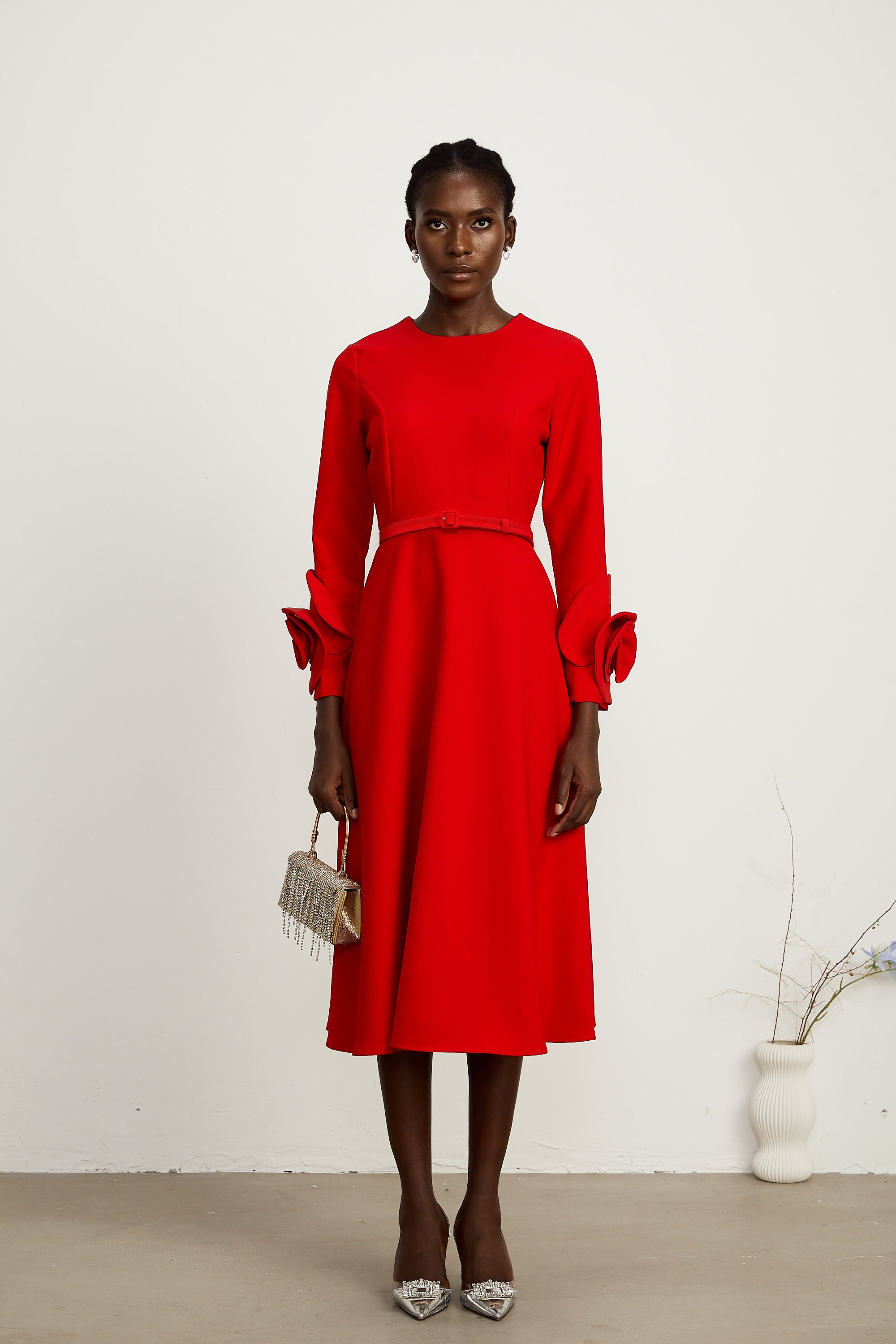 Elysia floral-embellished red long-sleeve dress