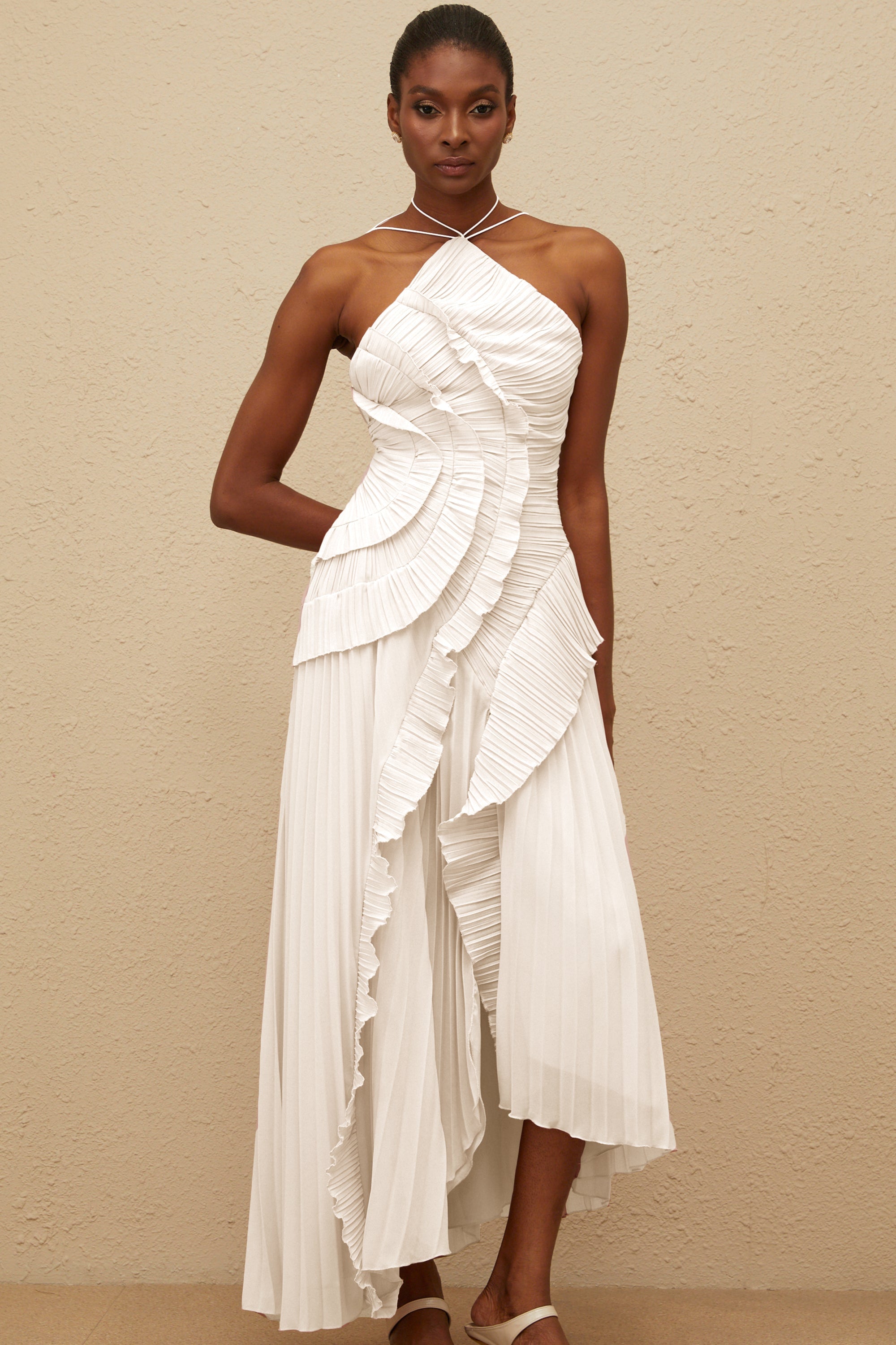 Doux White Ruffled Trim Pleated Midi Dress
