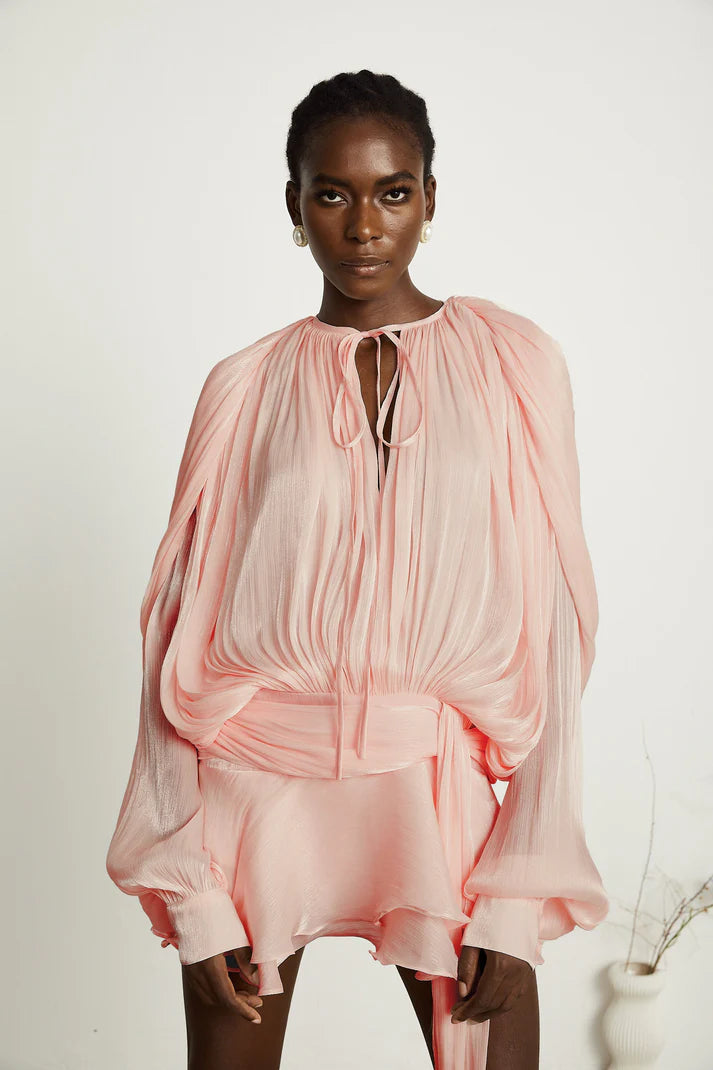 Eugénie Neutral Fully Pleated Ruffled Mini Dress