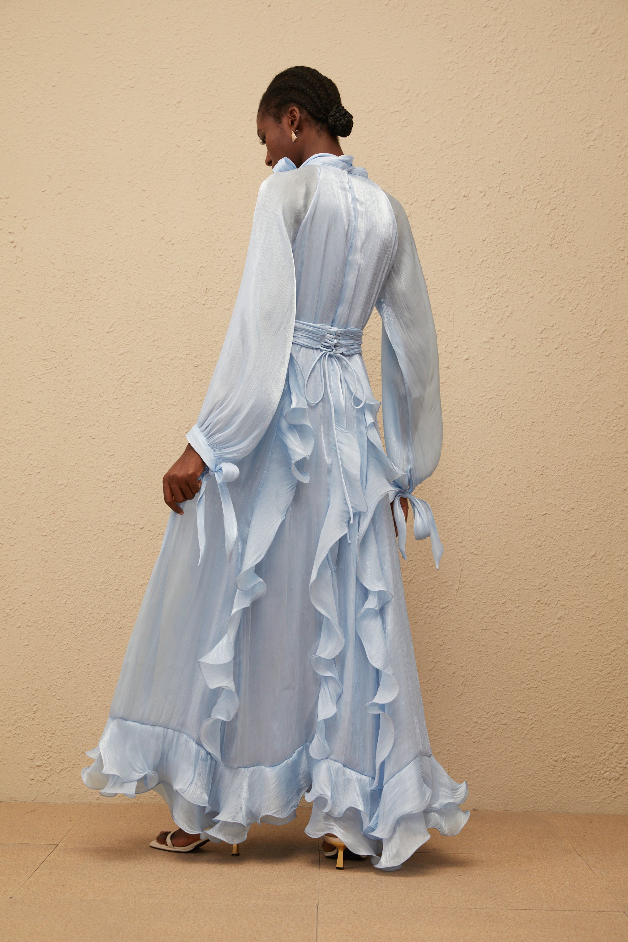 Nanette Blue Glossy Pleated Maxi Dress