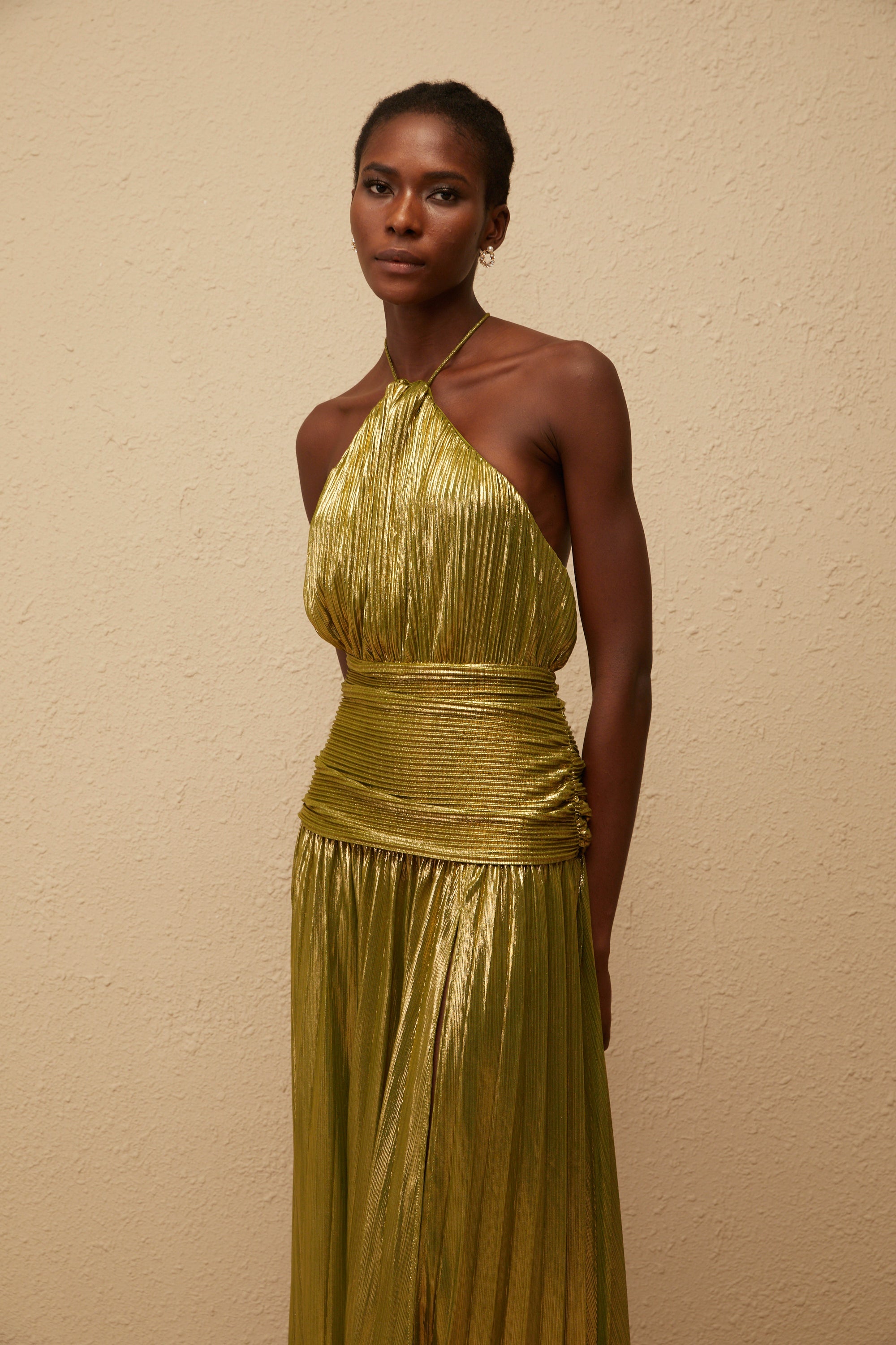 Alchimie Green Glossy Pleated Maxi Dress