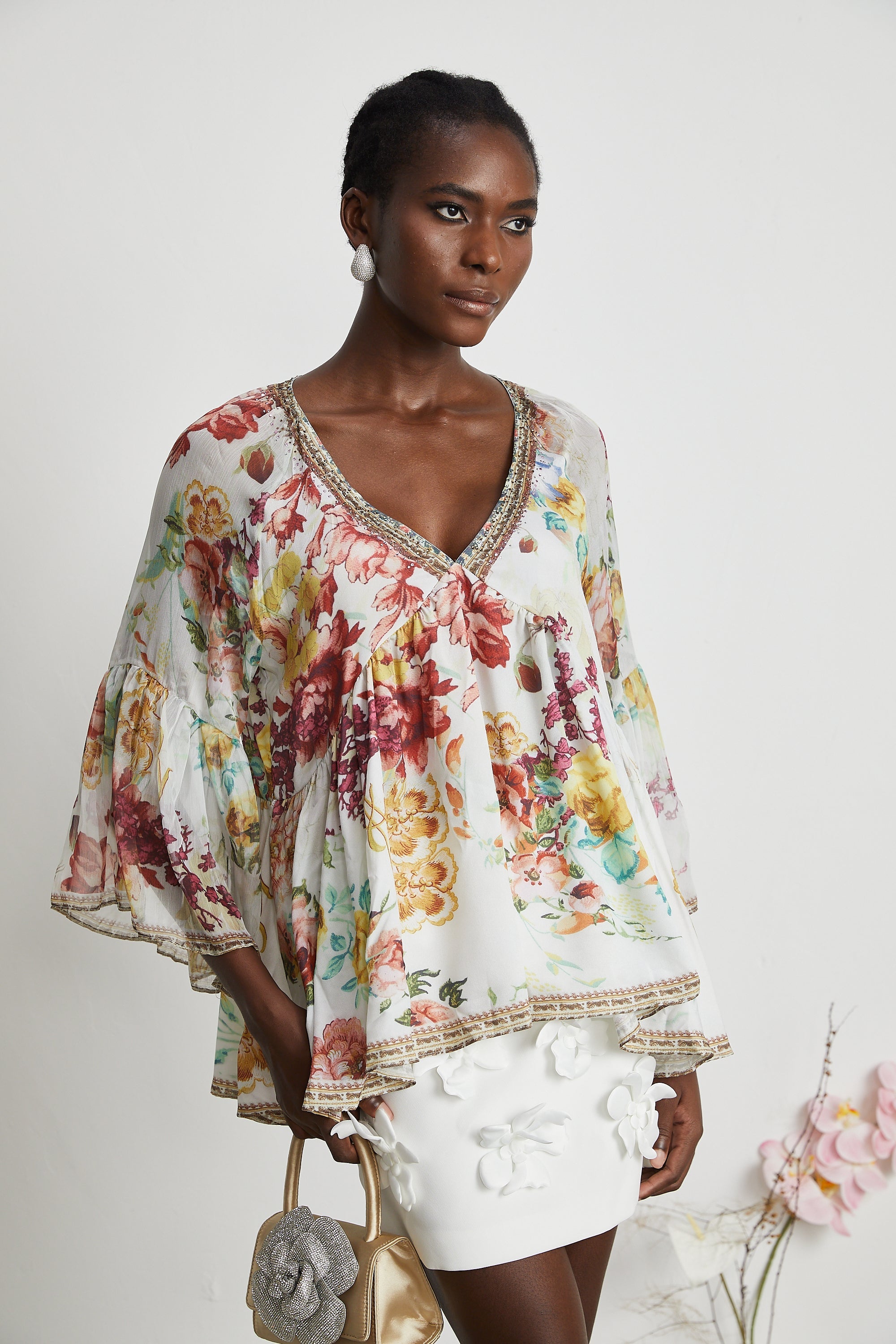Yvonne V-neck floral-print embellished blouse