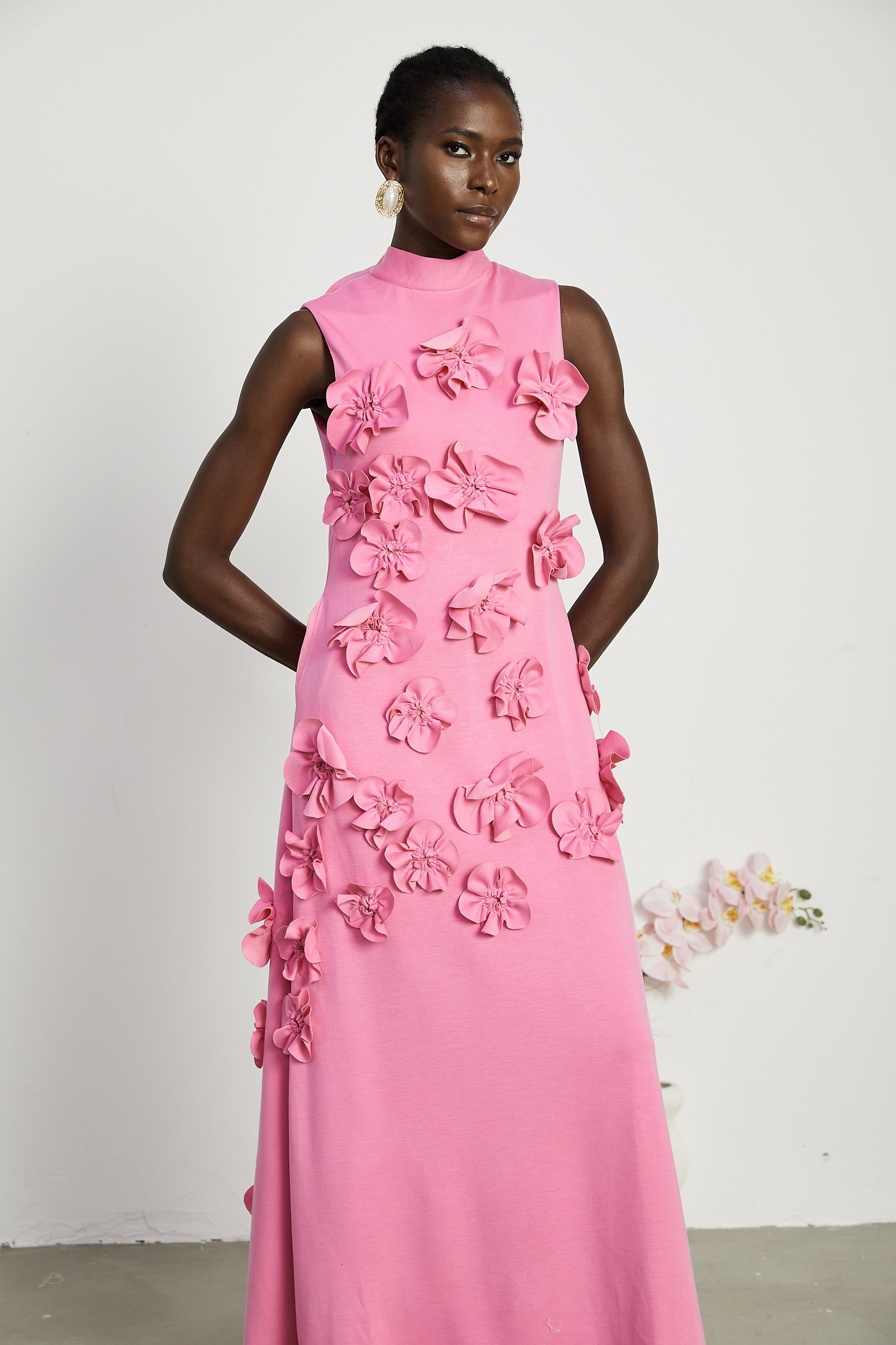 Magali Pink Sleeveless Maxi Dress with Faux Flower & Bow-Tie Embellishment