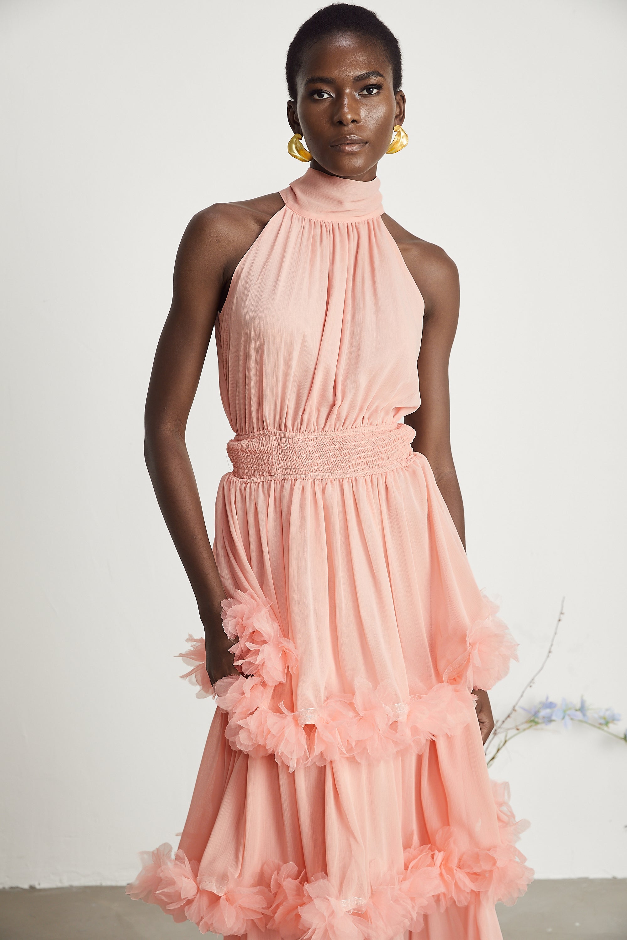 Micah pink 3D-petal tiered midi dress
