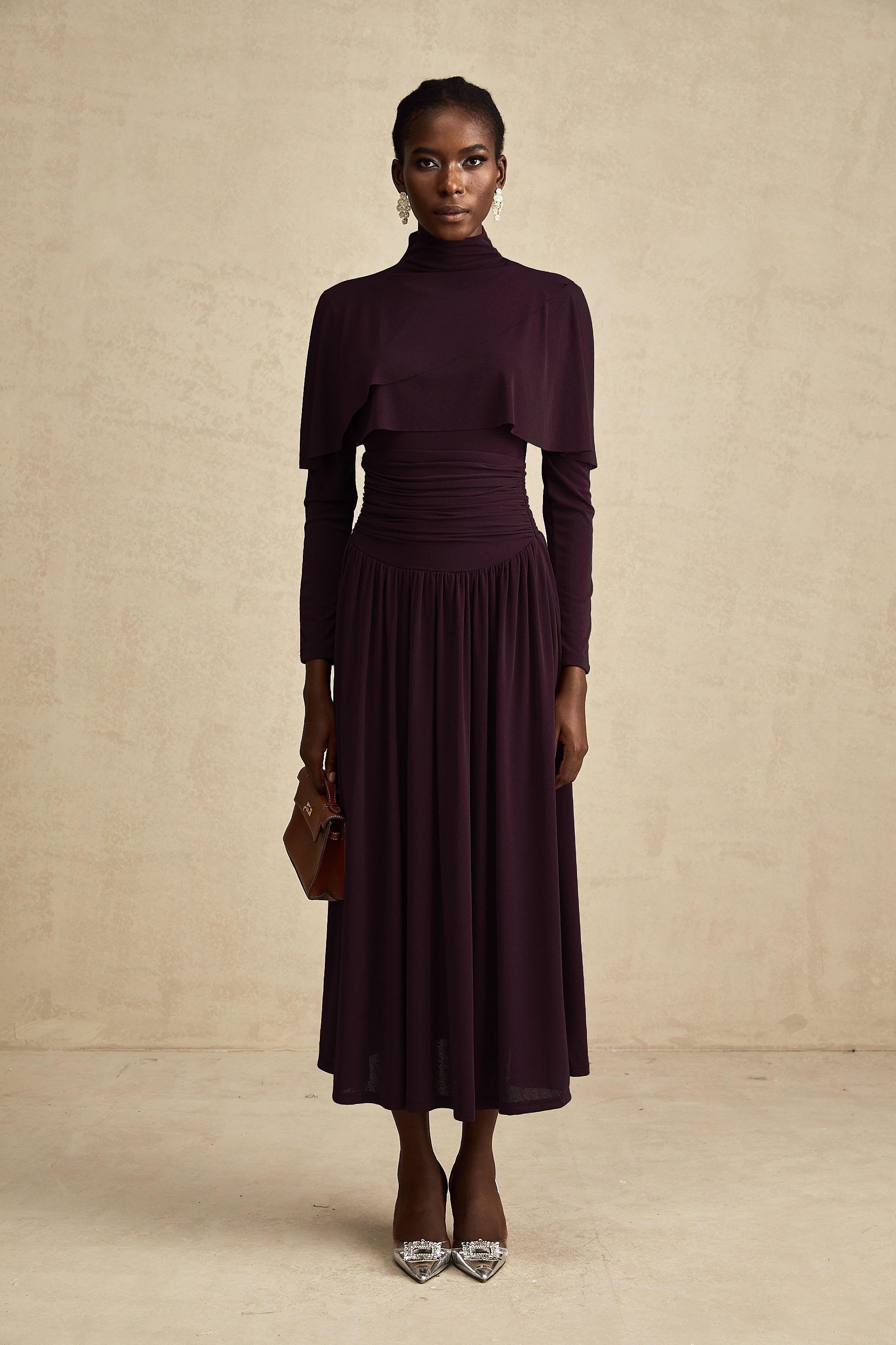 Camille Red Ruched Midi Dress with Flap Design Detail