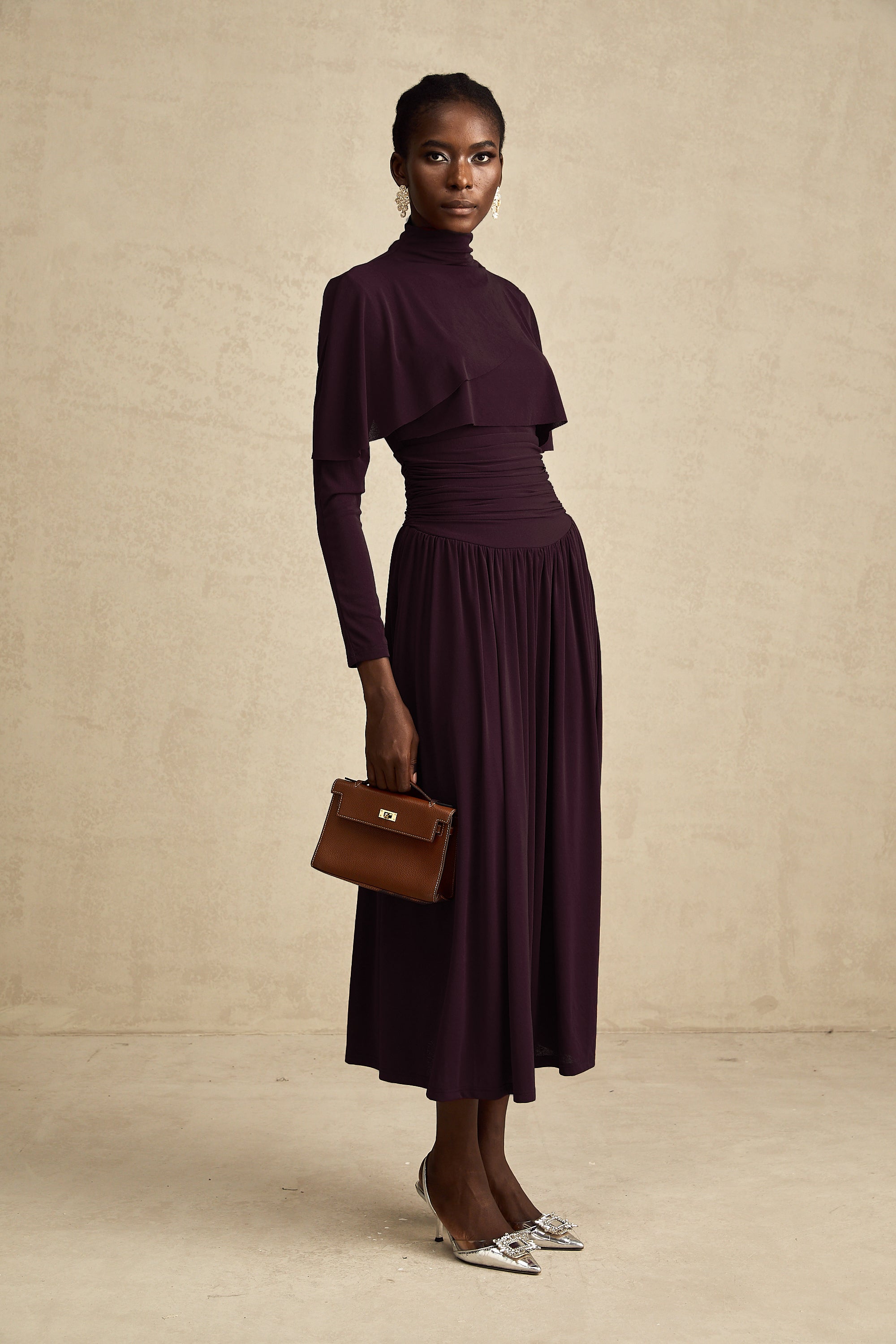 Camille Red Ruched Midi Dress with Flap Design Detail