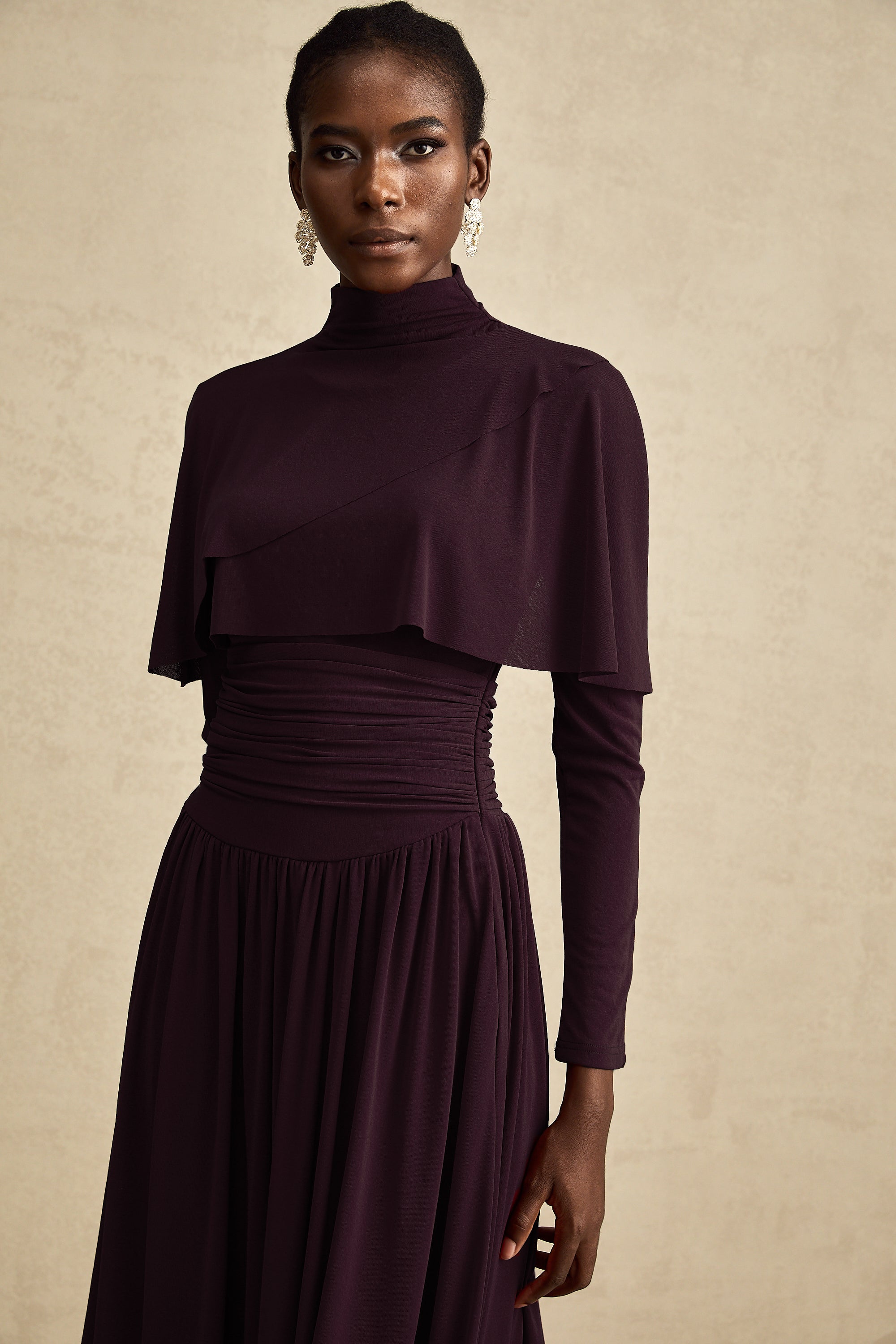 Camille Red Ruched Midi Dress with Flap Design Detail
