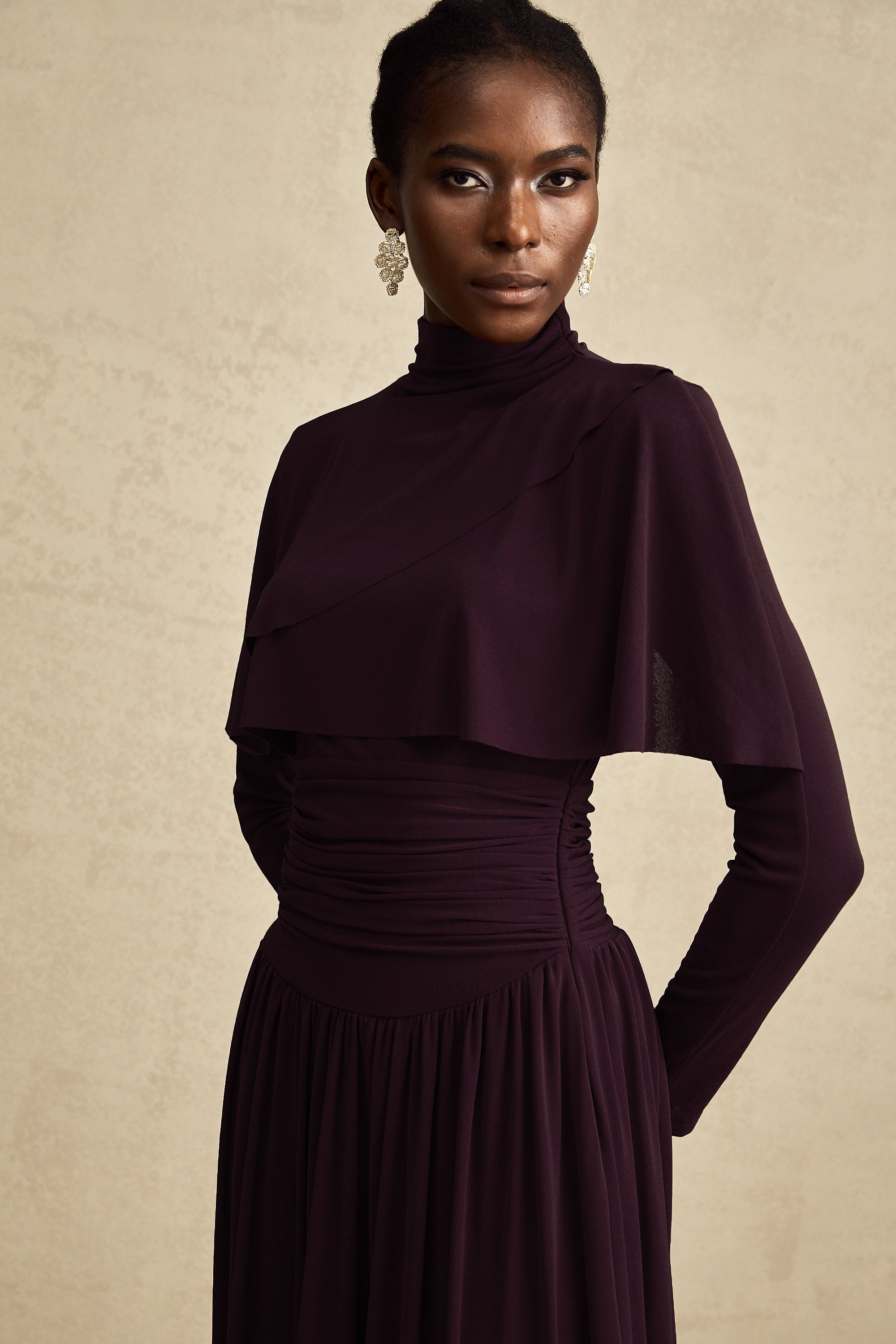 Camille Red Ruched Midi Dress with Flap Design Detail