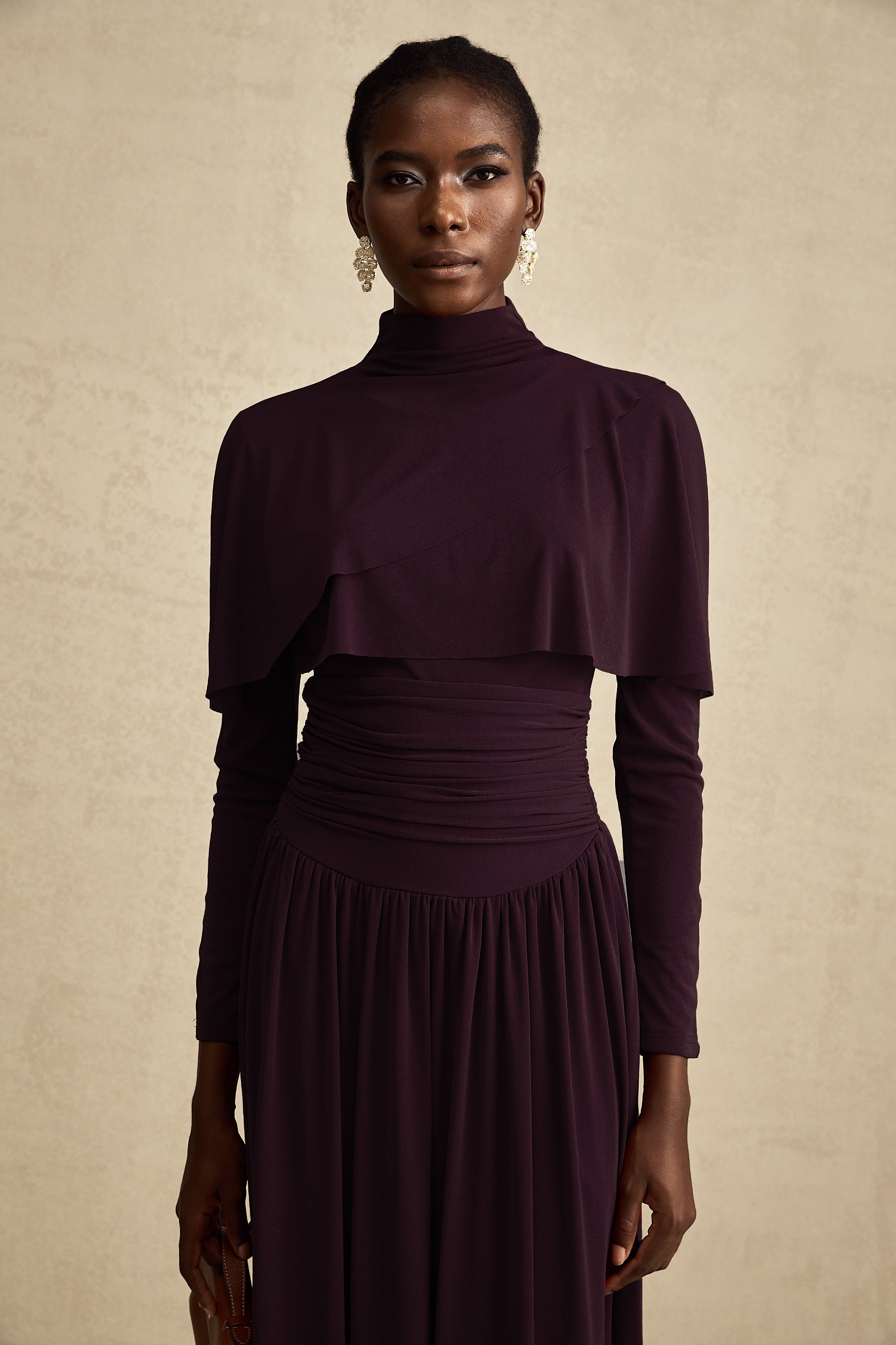 Camille Red Ruched Midi Dress with Flap Design Detail