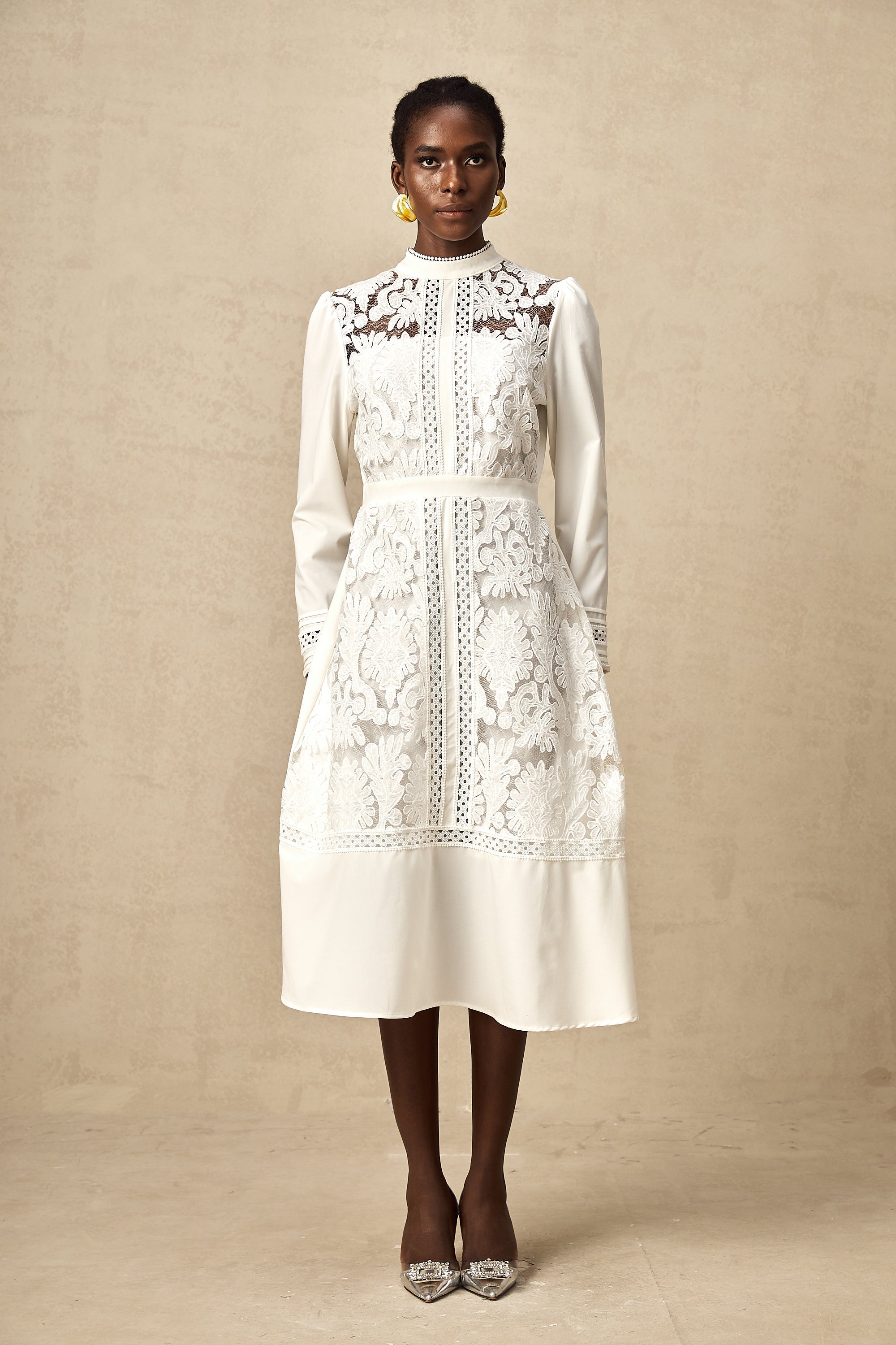 Madeleine white panelled embroidered midi dress