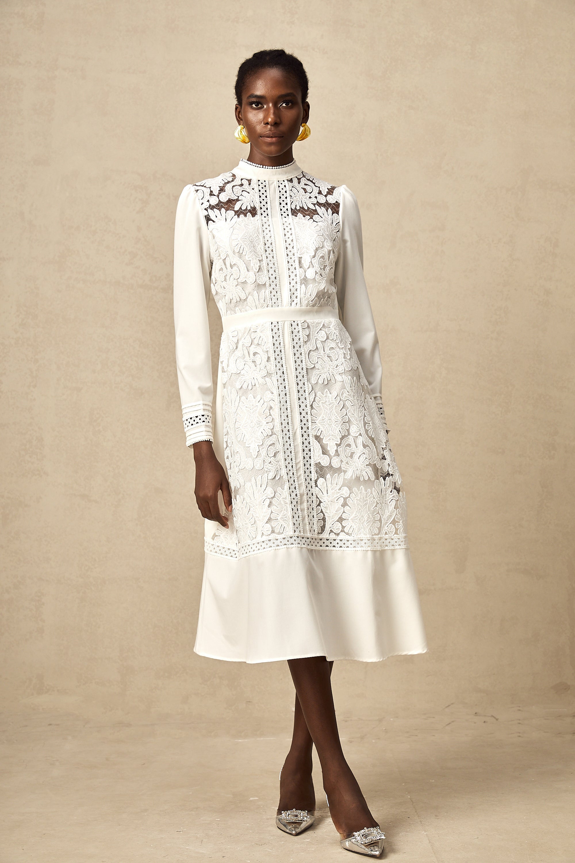 Madeleine white panelled embroidered midi dress