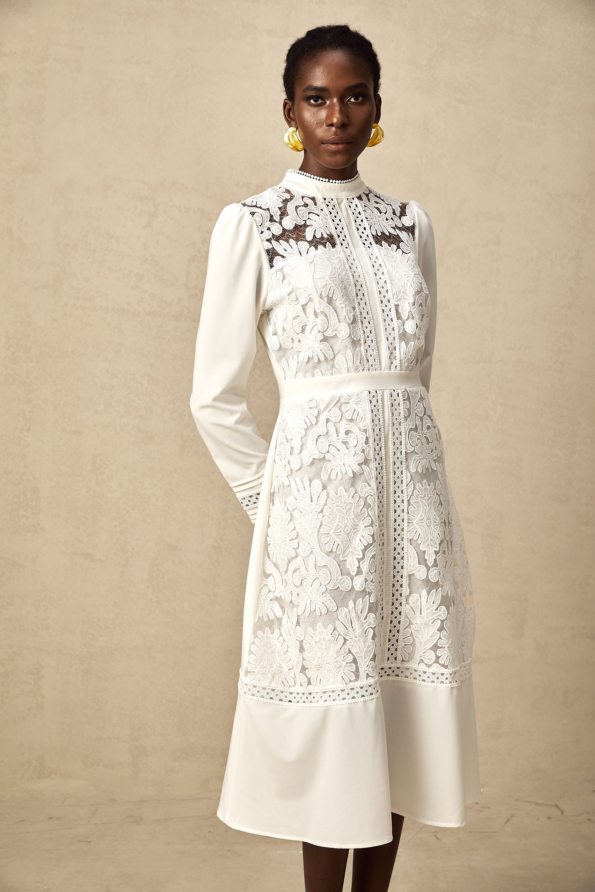 Madeleine white panelled embroidered midi dress