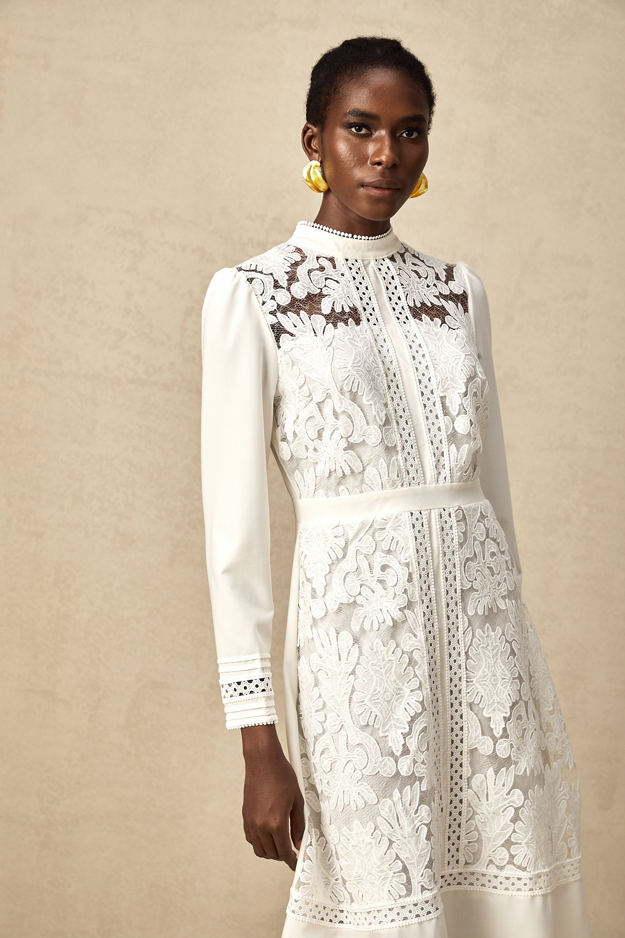 Madeleine white panelled embroidered midi dress