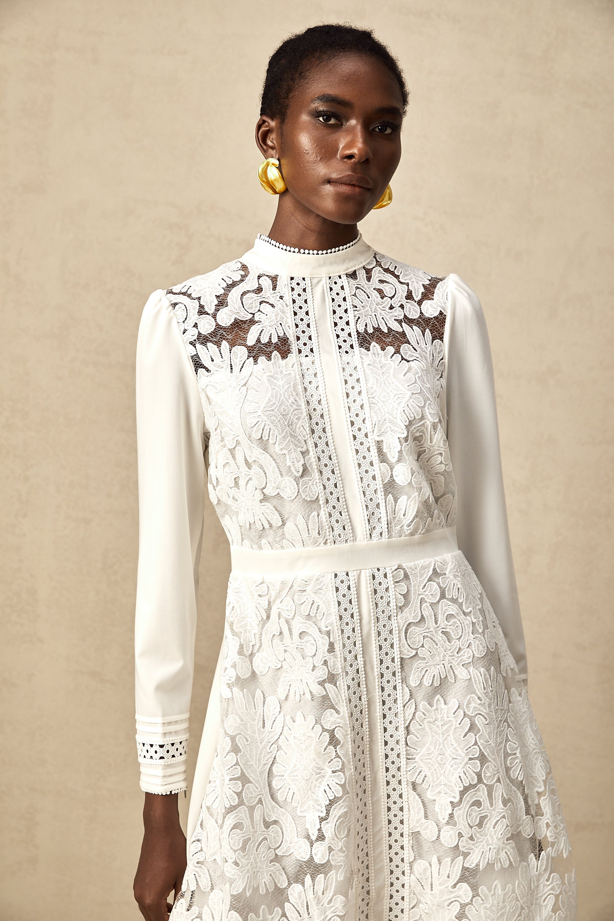 Madeleine white panelled embroidered midi dress