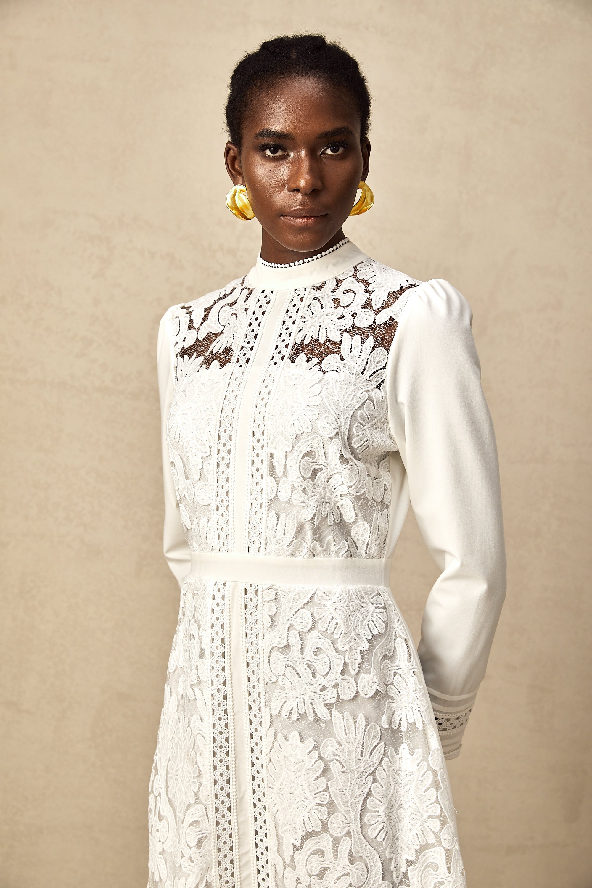 Madeleine white panelled embroidered midi dress