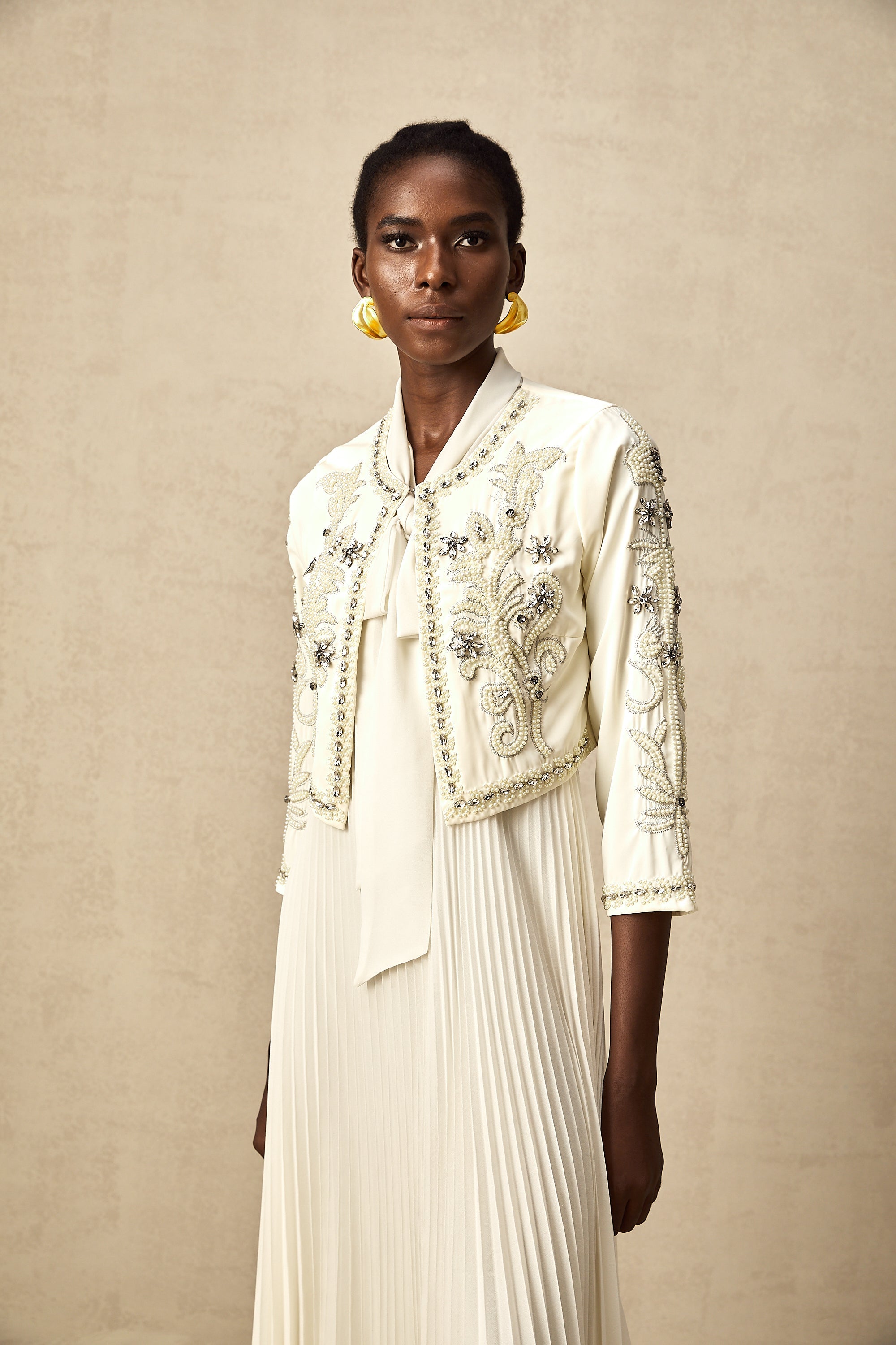 Blanche White Embellished Pleated Two-Piece Jacket and Dress Set