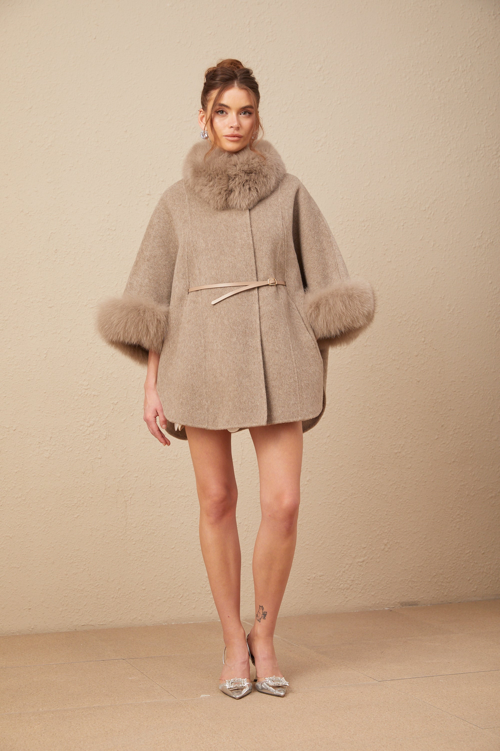 Chloris wool fur belted cape coat in Brown