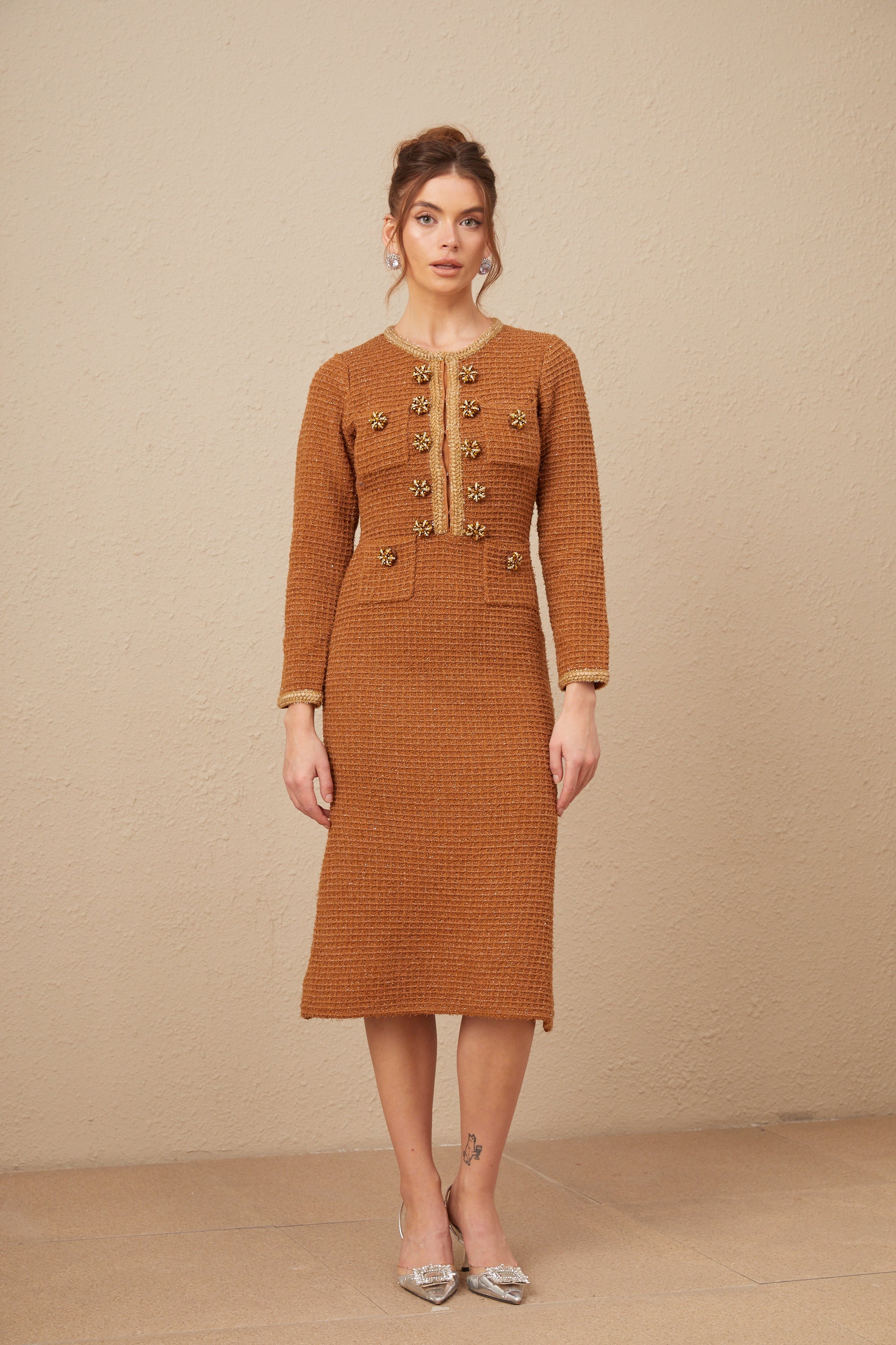 Epona brown braided-edge tweed dress