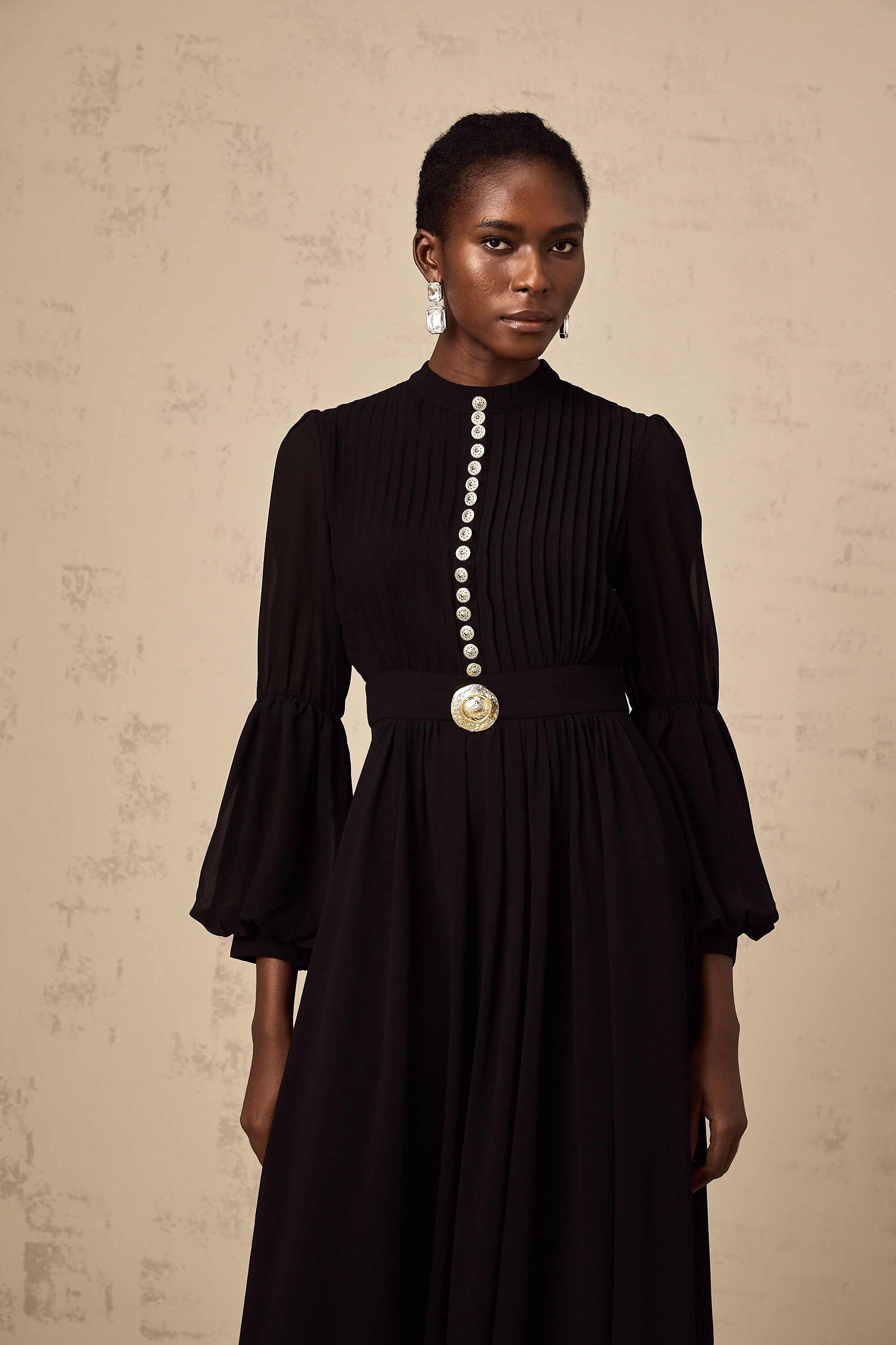 Viviane black pleated button-front midi dress