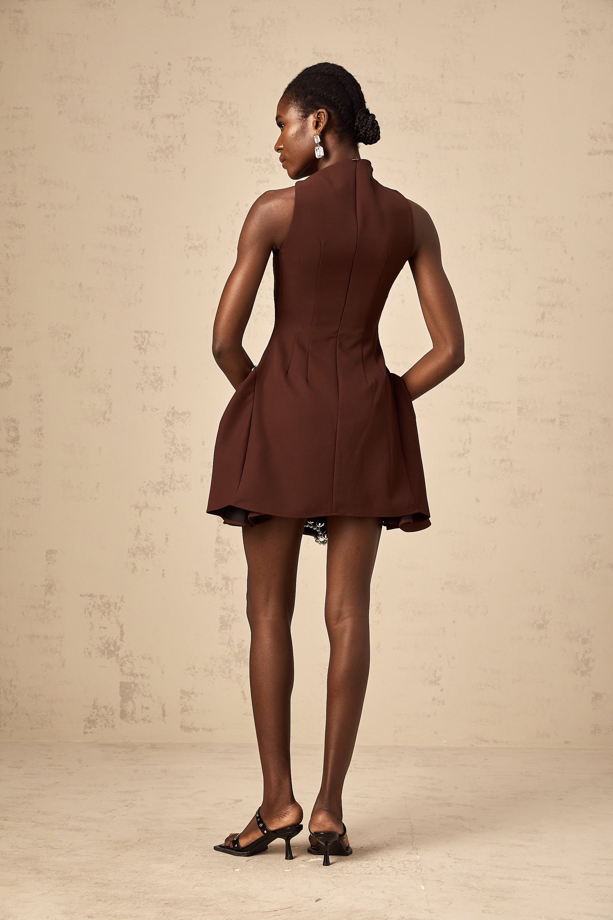 Jenifier brown asymmetrical-neck puff mini dress