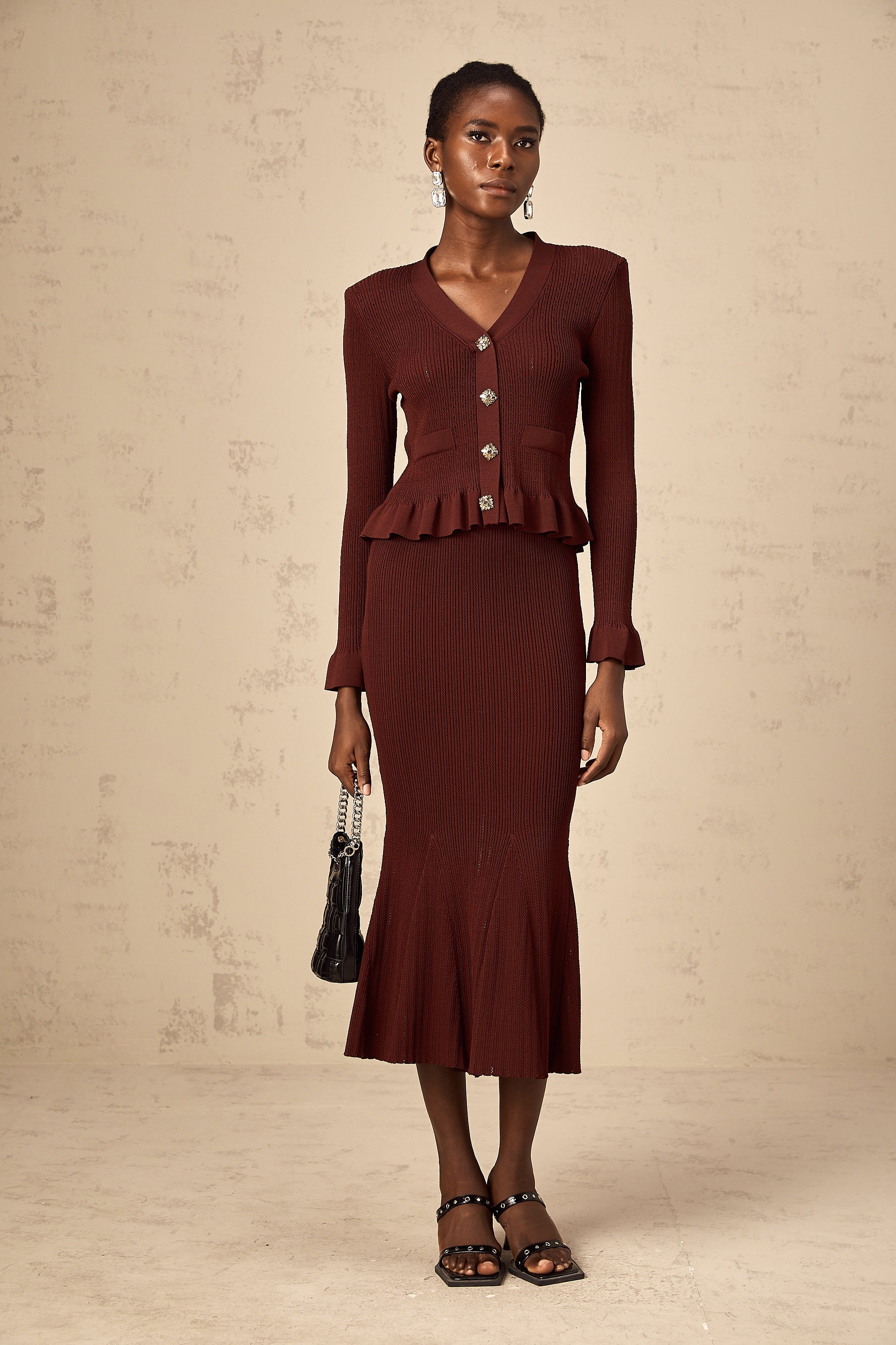 Corrine red ruffled knit top & skirt matching set