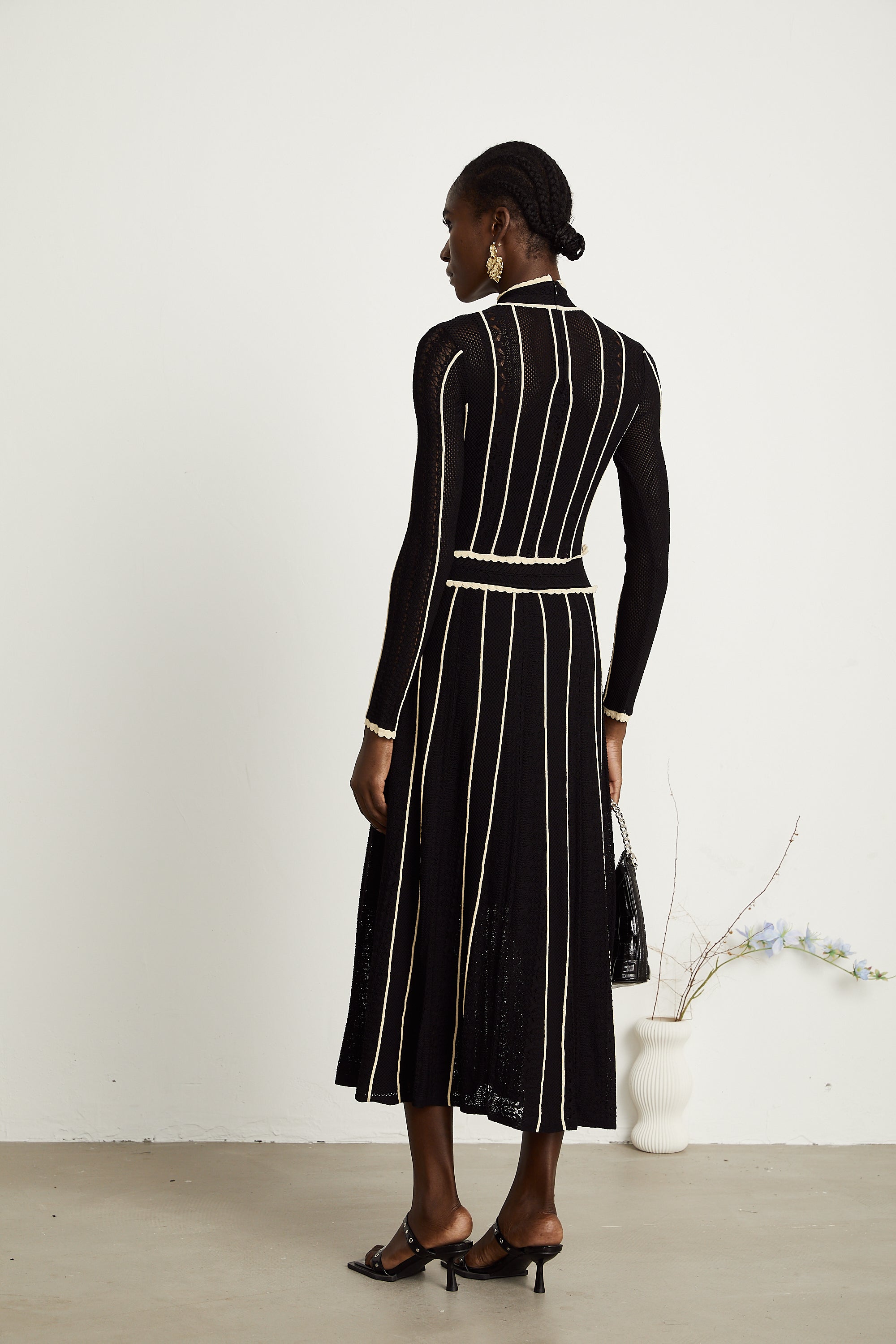 Maëlys black vertical-stripe netted maxi dress