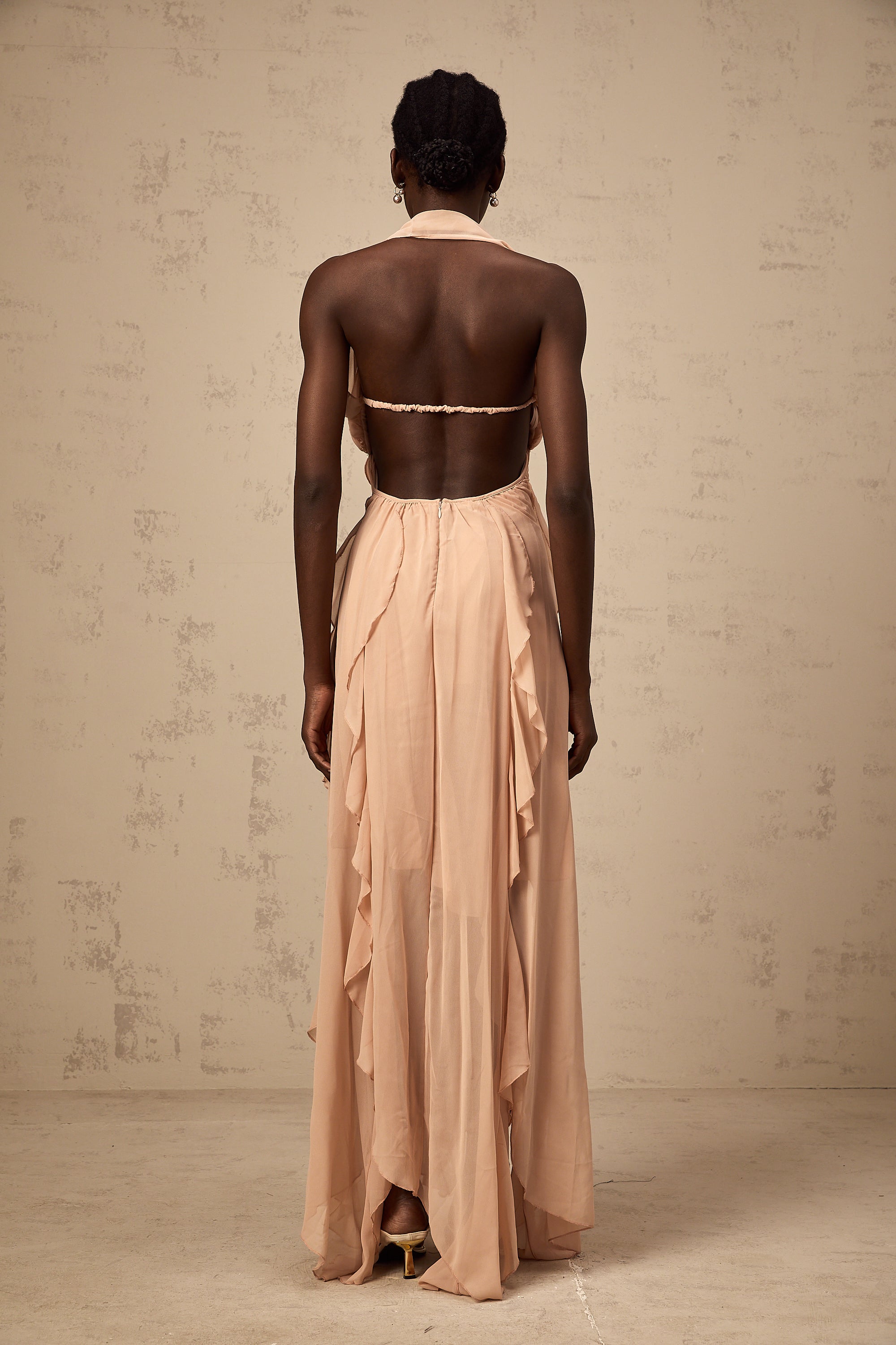 Mariah Pink Chiffon Ruffle Halterneck Maxi Dress