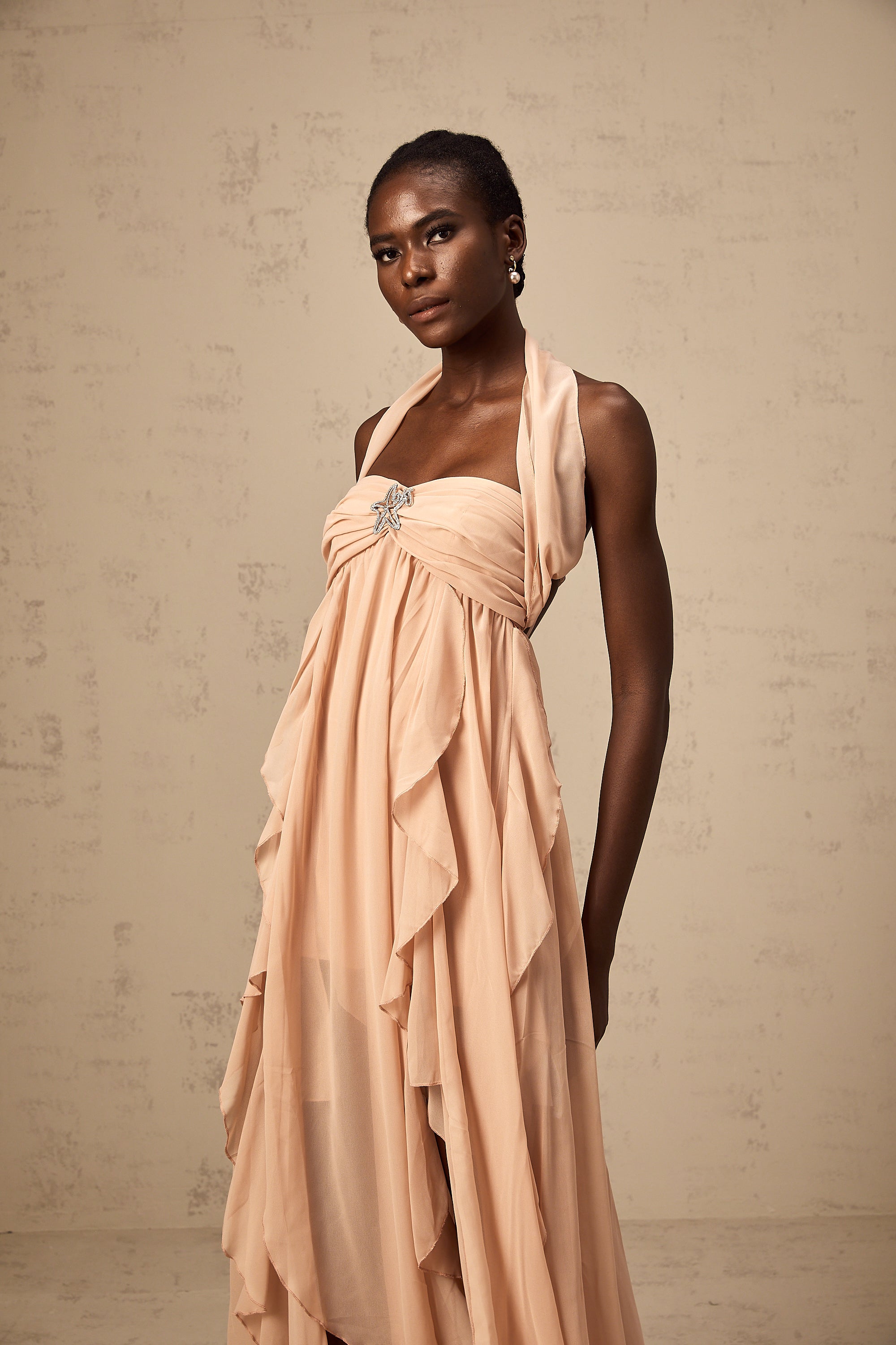 Mariah Pink Chiffon Ruffle Halterneck Maxi Dress