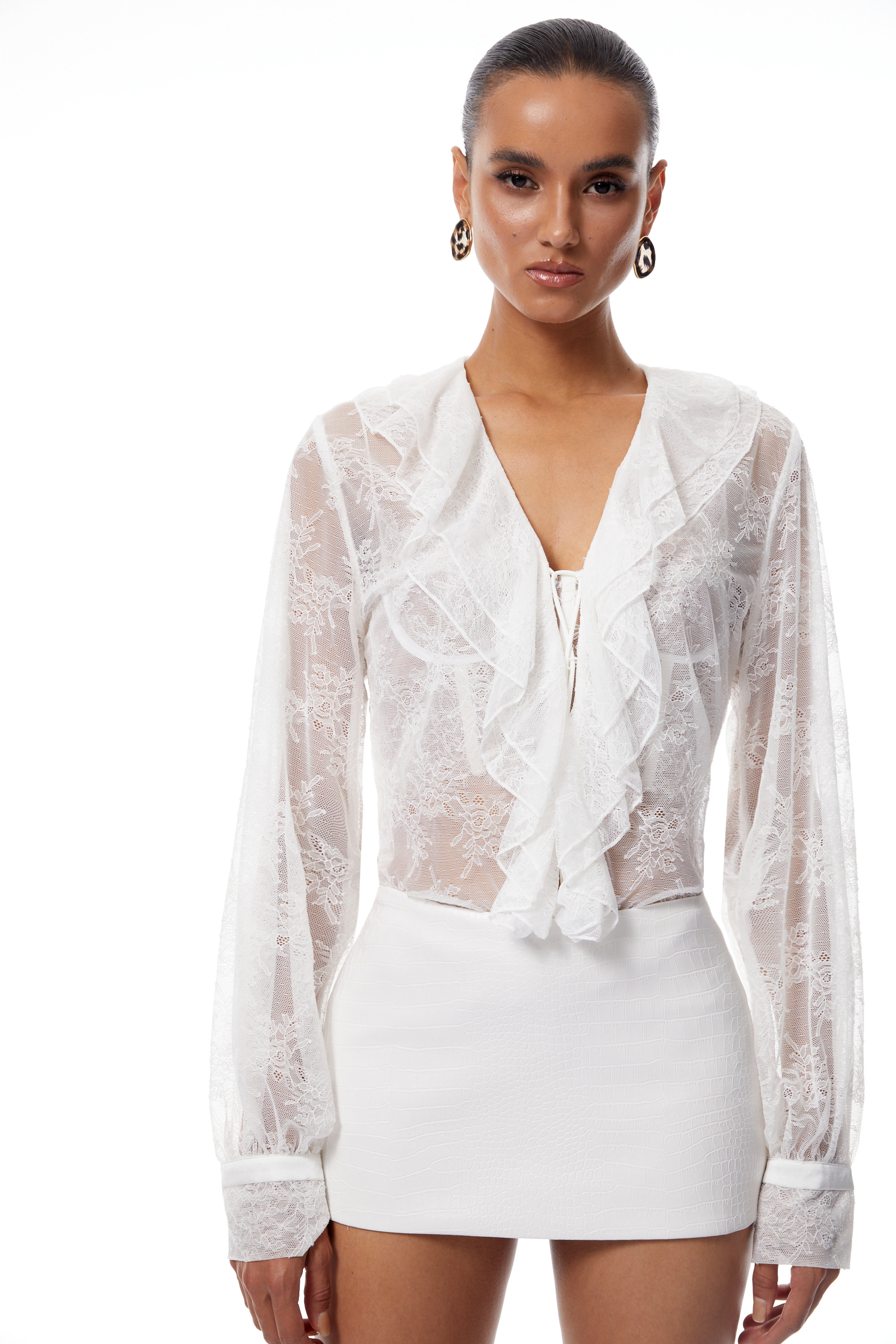 Vanessa White Floral Lace Blouse & Leather Skirt Set