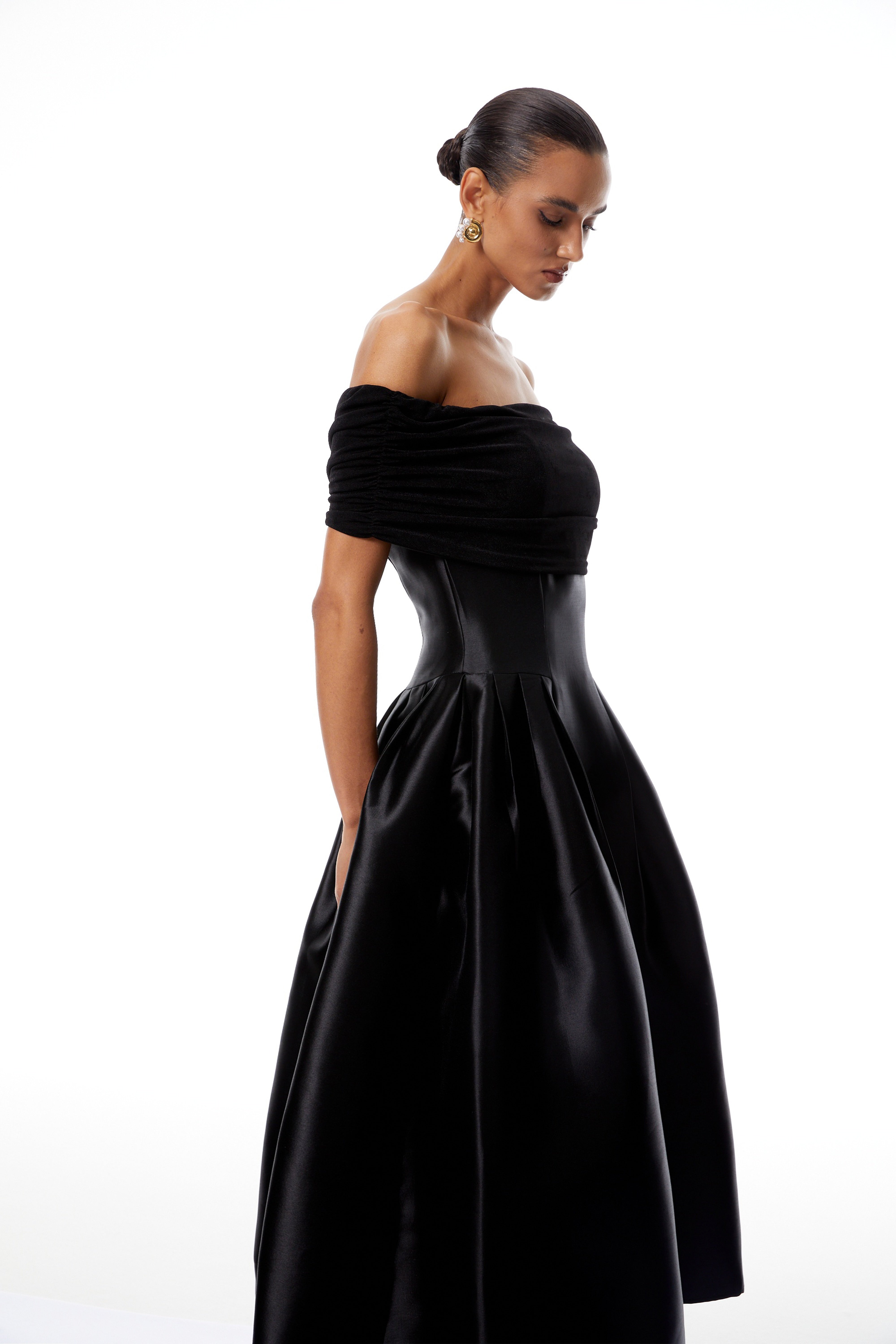 Ainara Black Off Shoulder Polished Midi Dress