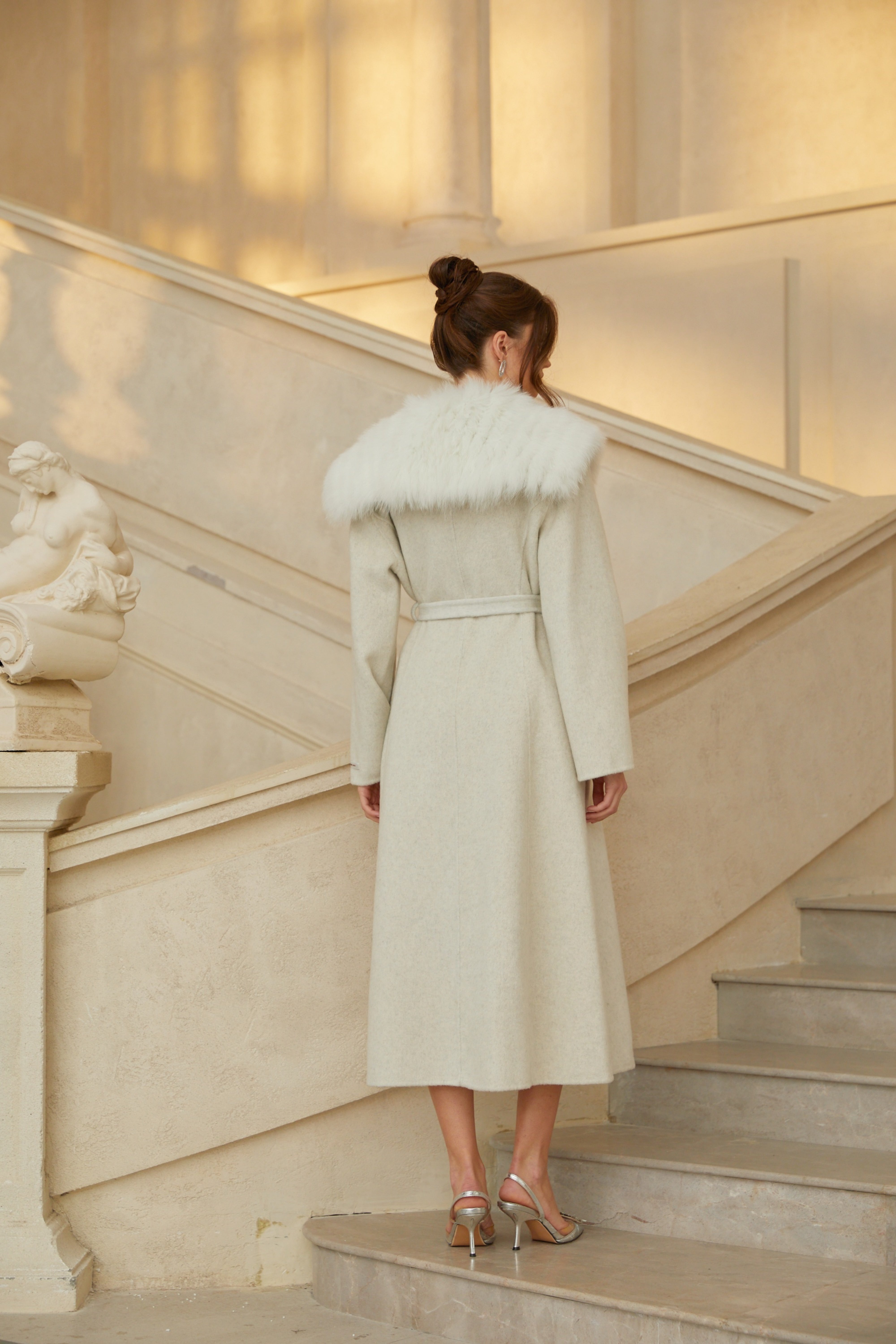 Lavinia Off White Fur Lapel Long Wool Coat
