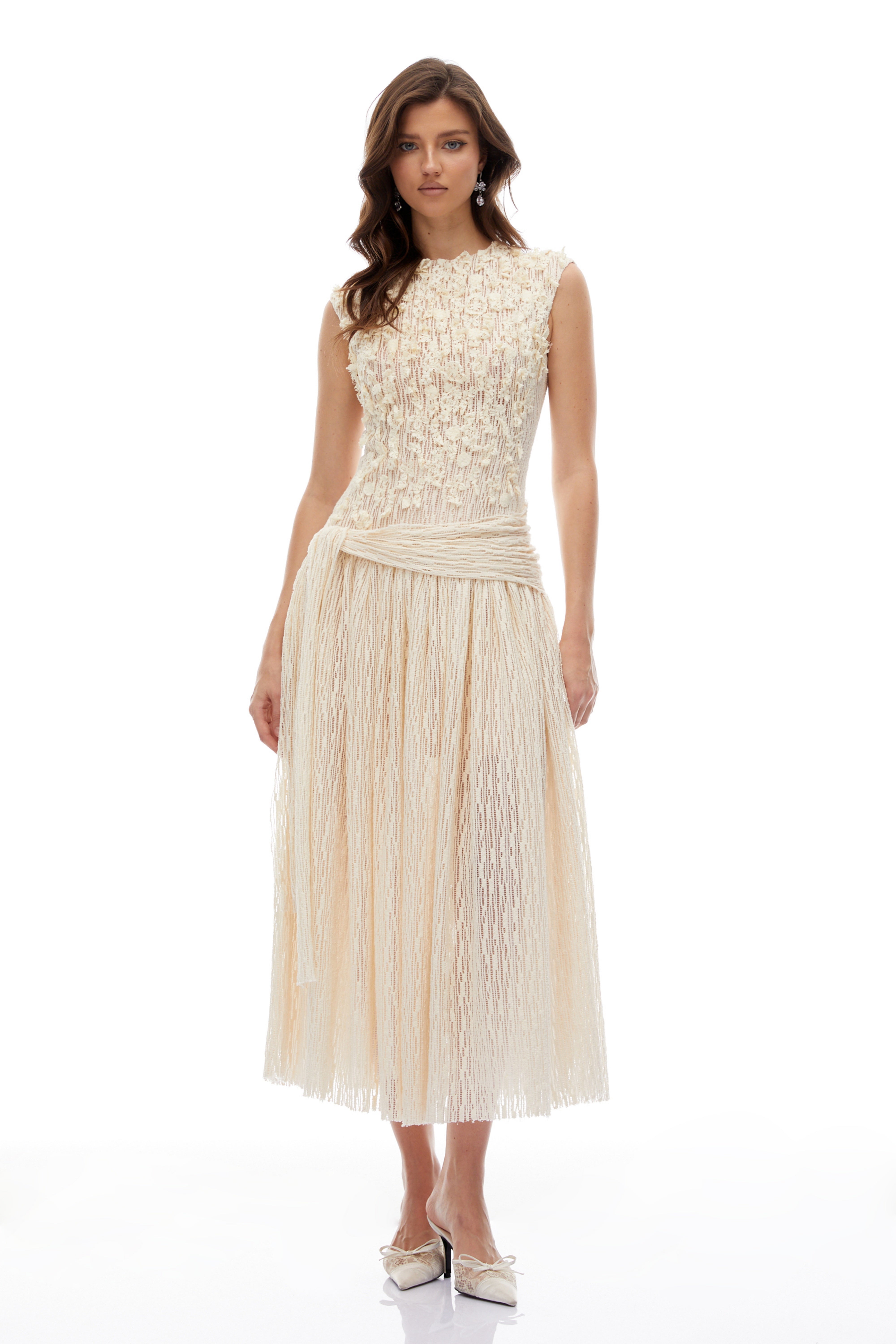 Cynthia Neutrals 3D Petal Textured Midi Dress