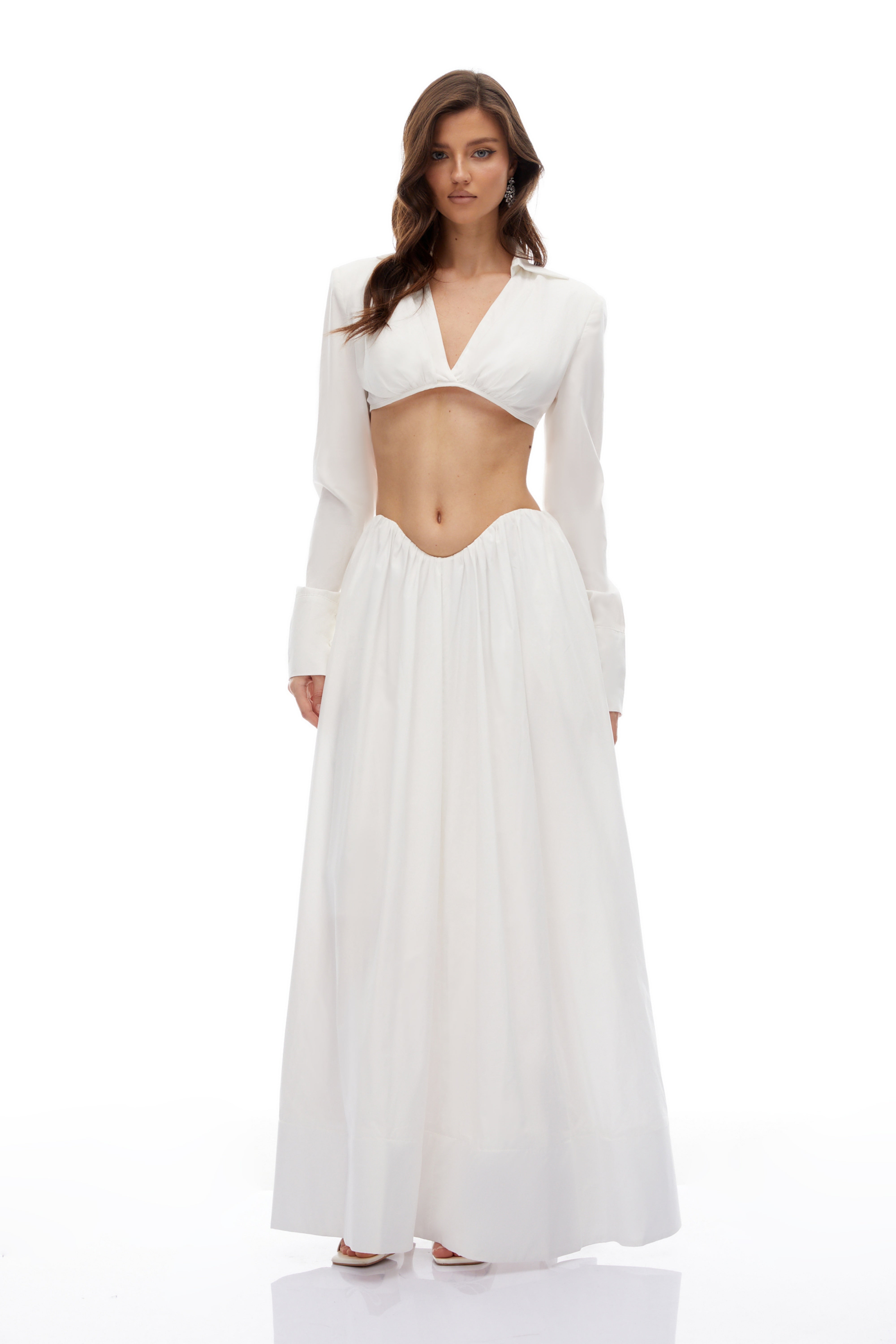 Caterina White Shirred Shirt & Skirt Set