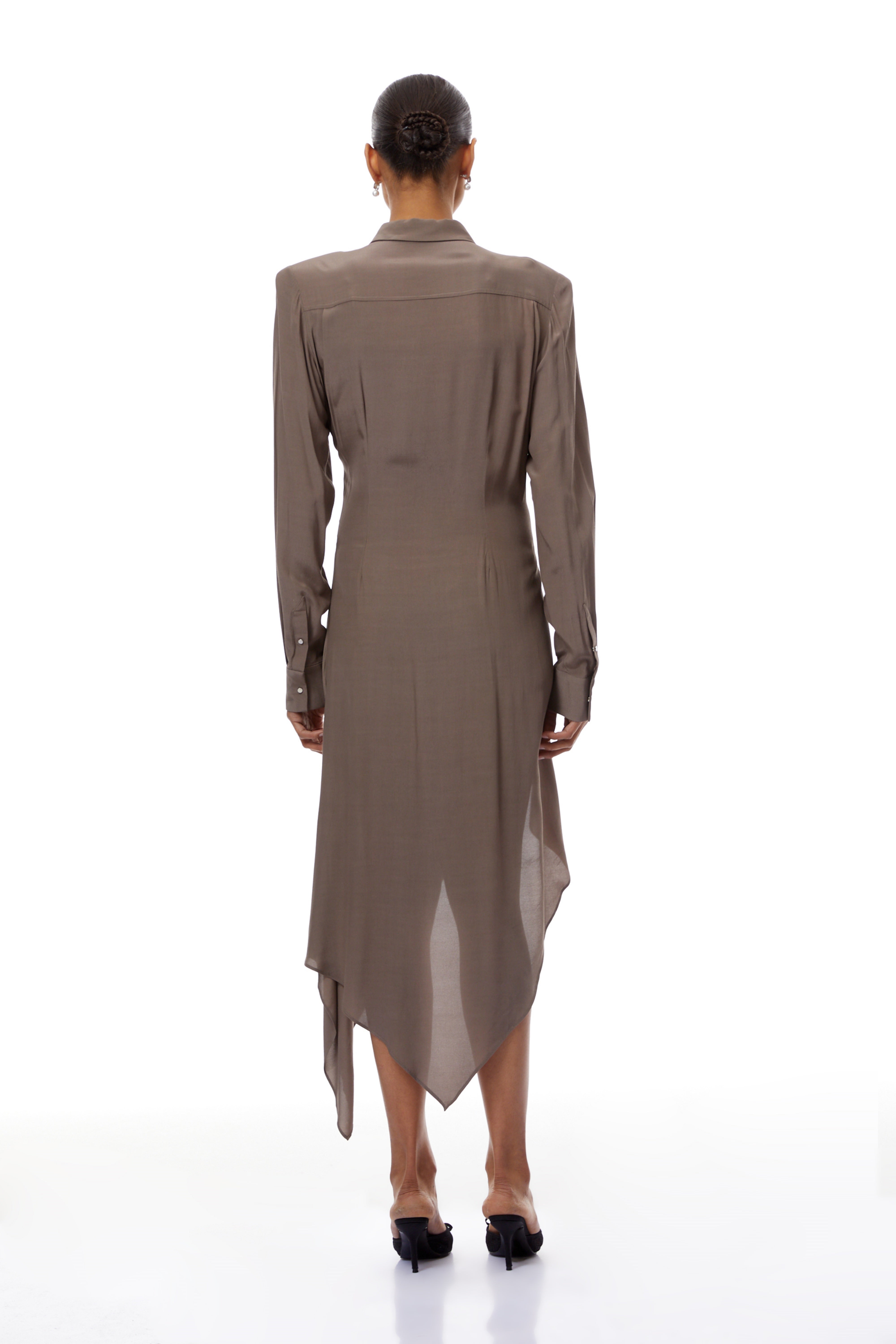 Roberta Brown Ruched Asymmetrical Midi Dress