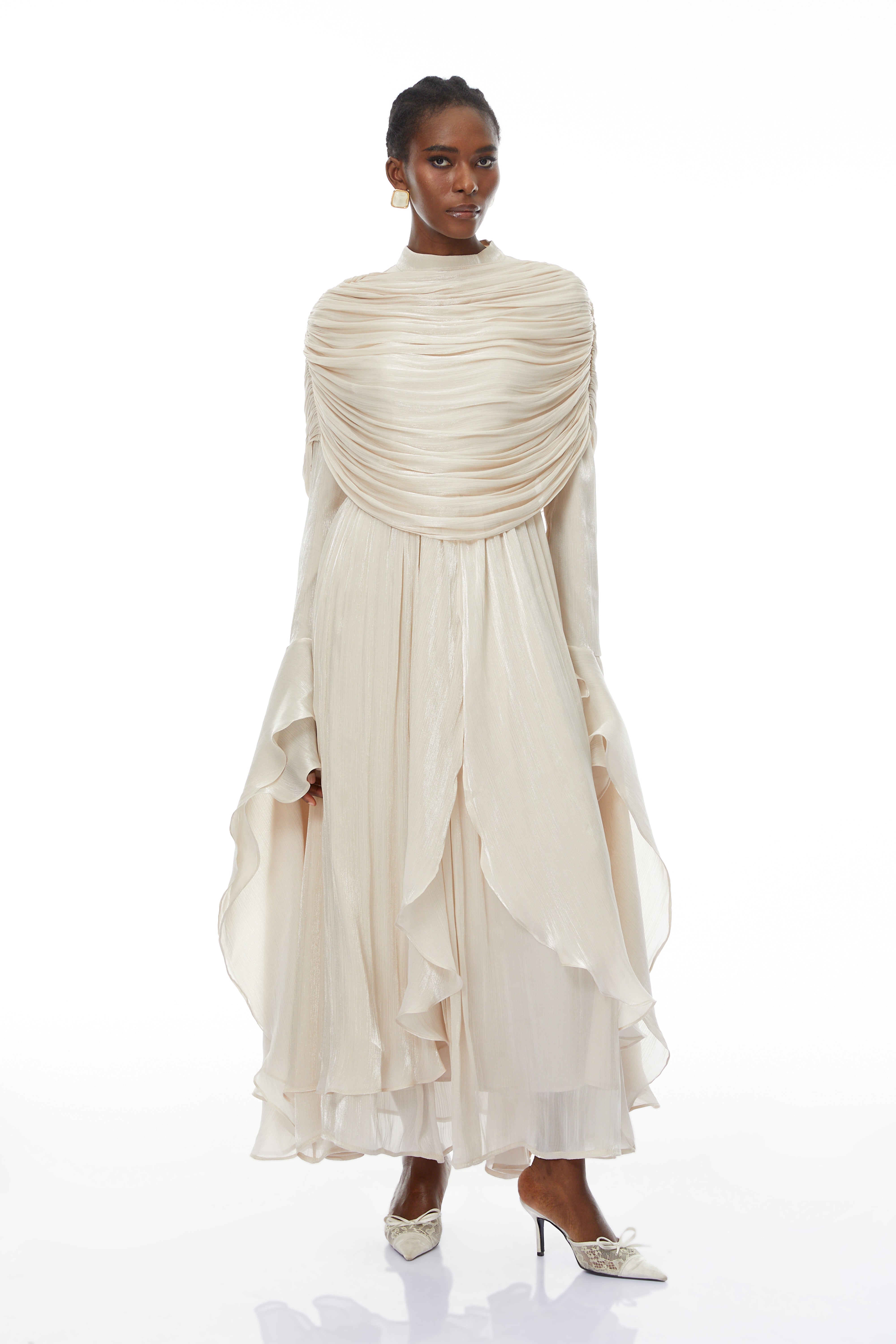 Gustave Neutral Ruched Cape Ruffled Maxi Dress