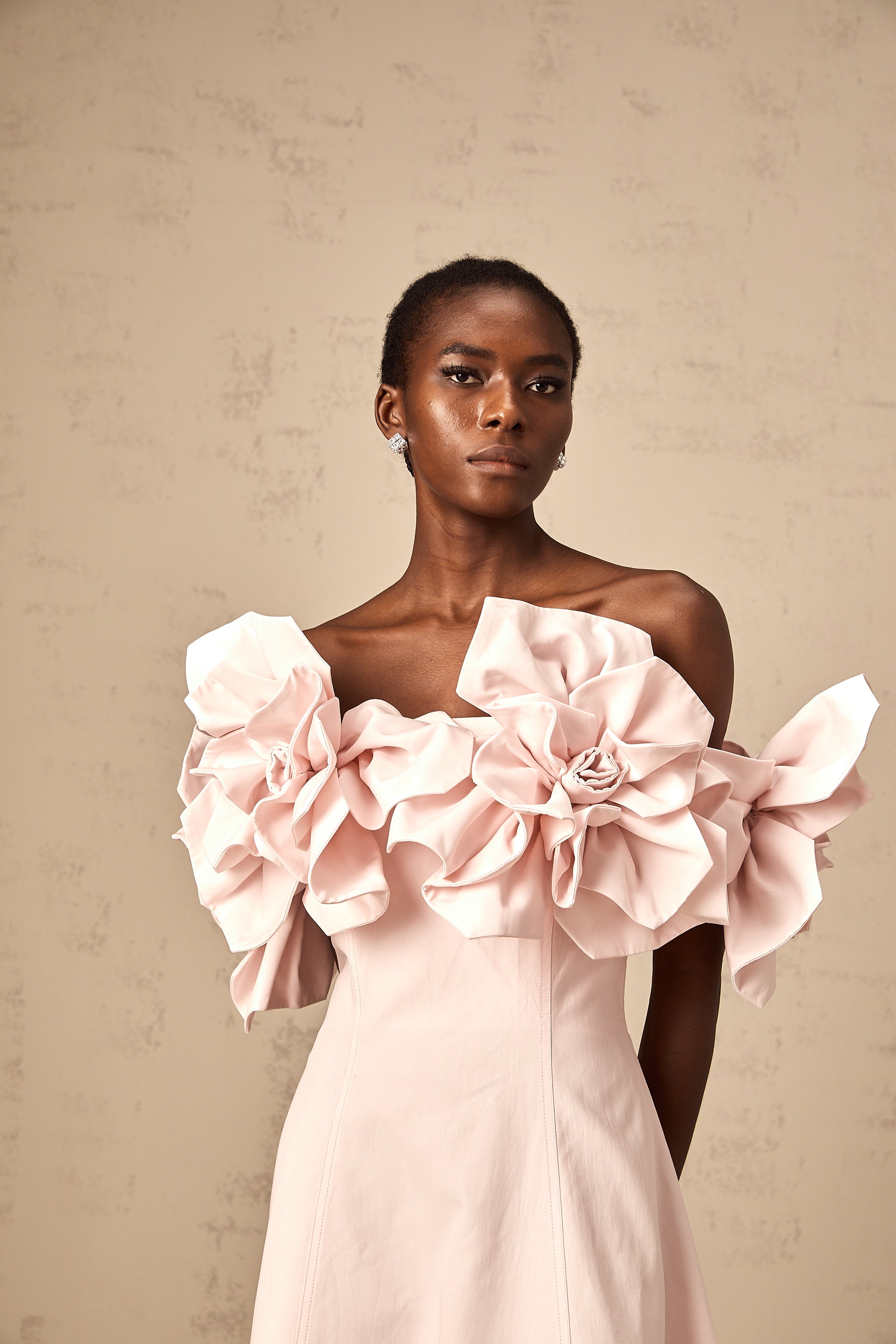 Juliette pink off-shoulder 3D-petal midi dress
