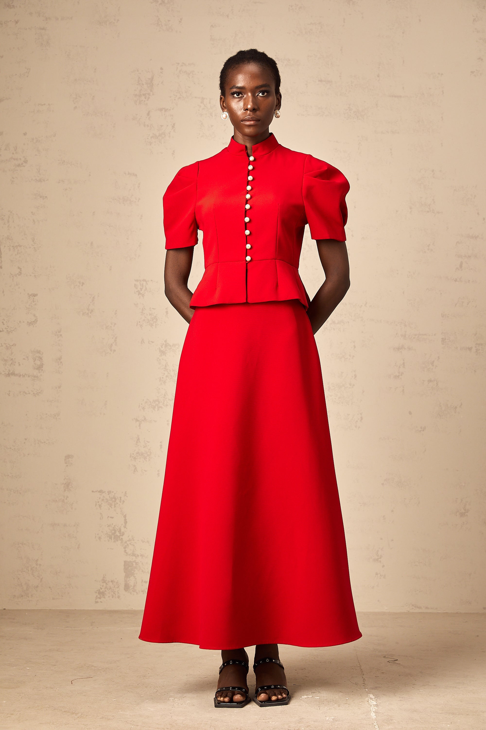 Colette red pleated blouse & skirt matching set