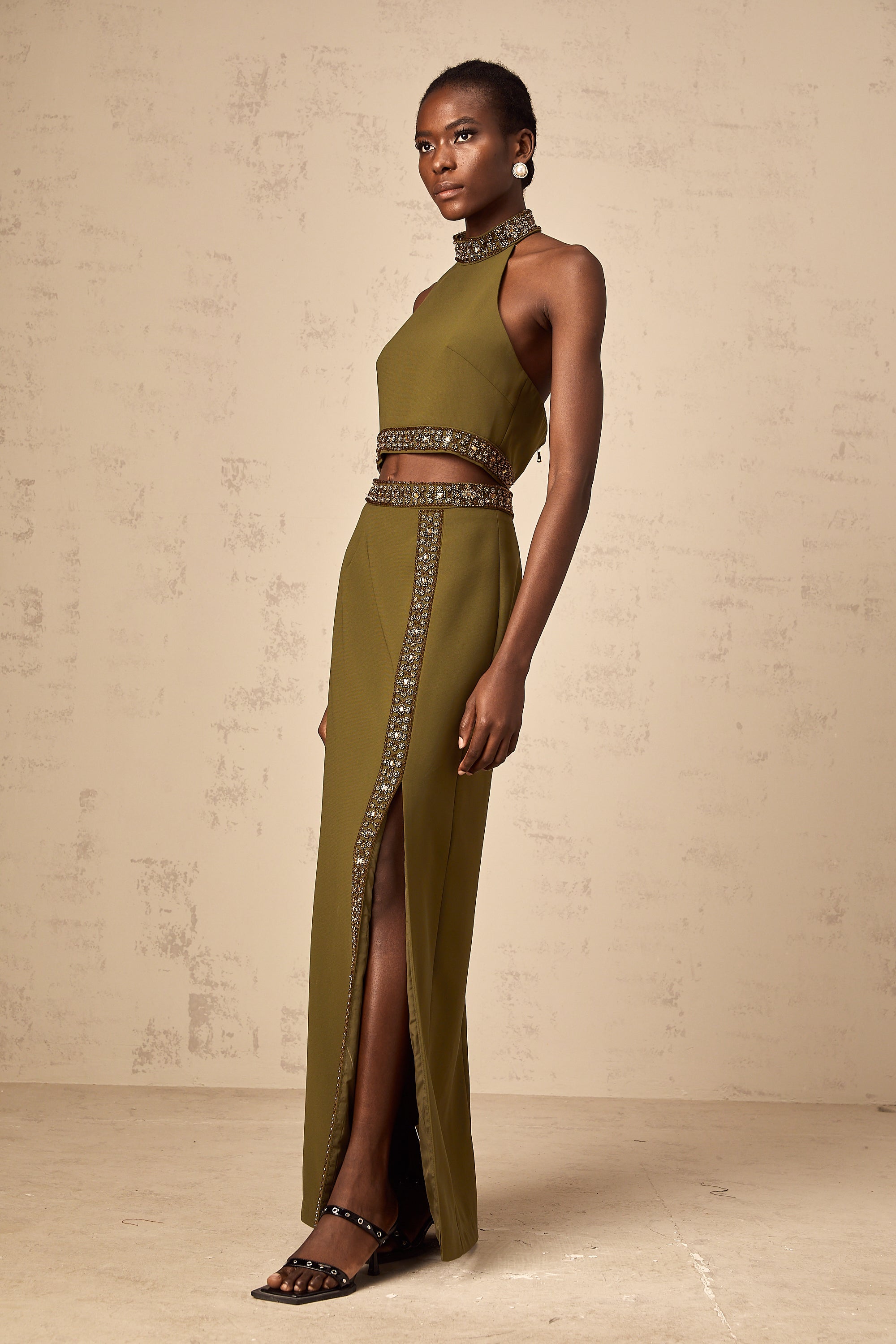 Daisy green beaded-trim top & skirt matching set