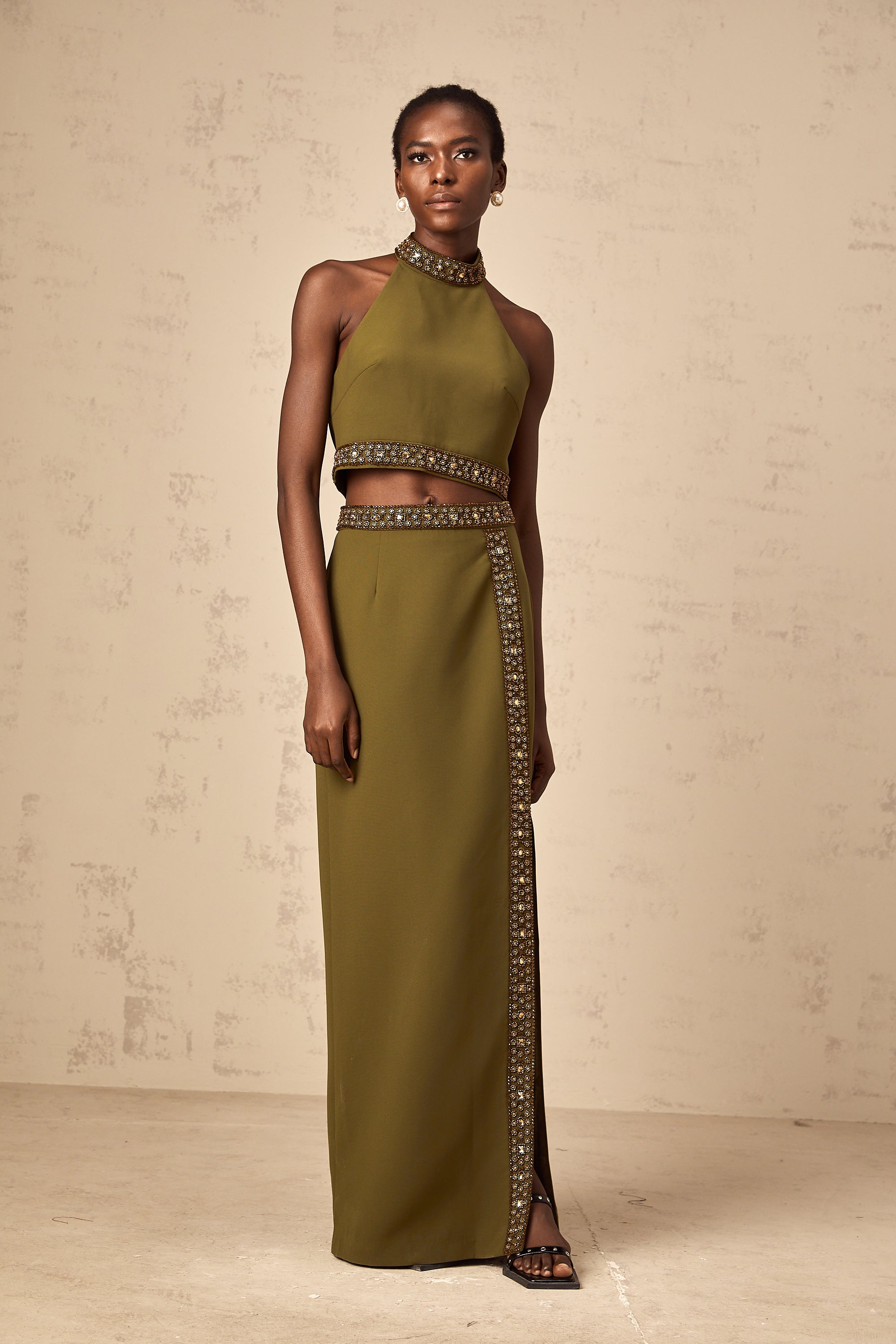 Daisy green beaded-trim top & skirt matching set