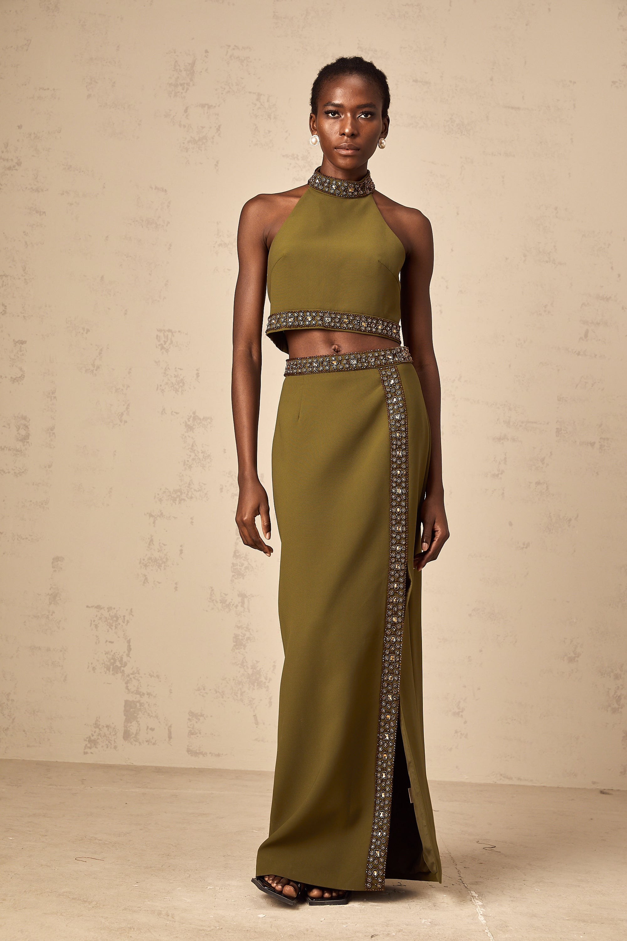 Daisy green beaded-trim top & skirt matching set