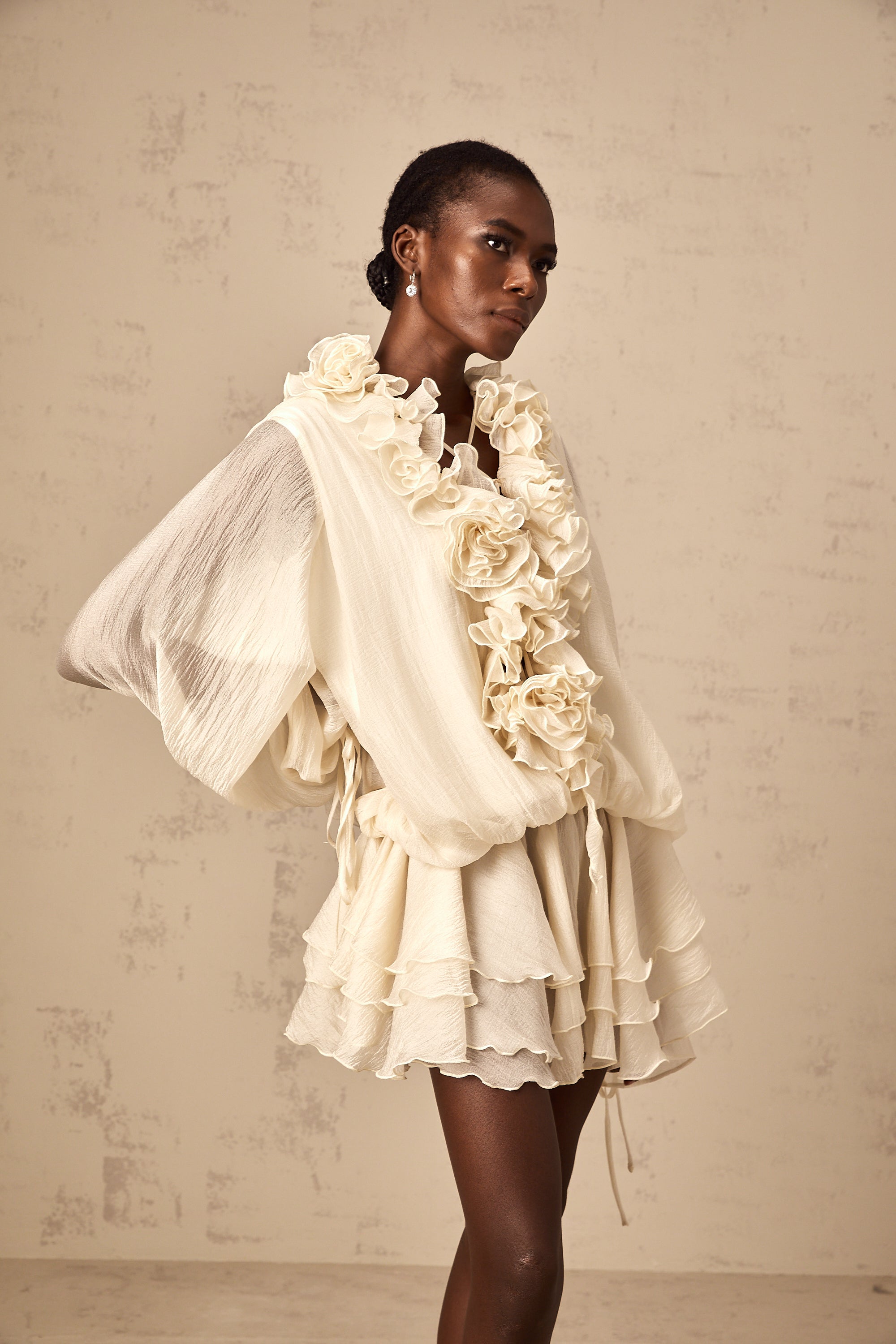 Zéphyrine floral-appliqué tiered mini dress in Neutrals