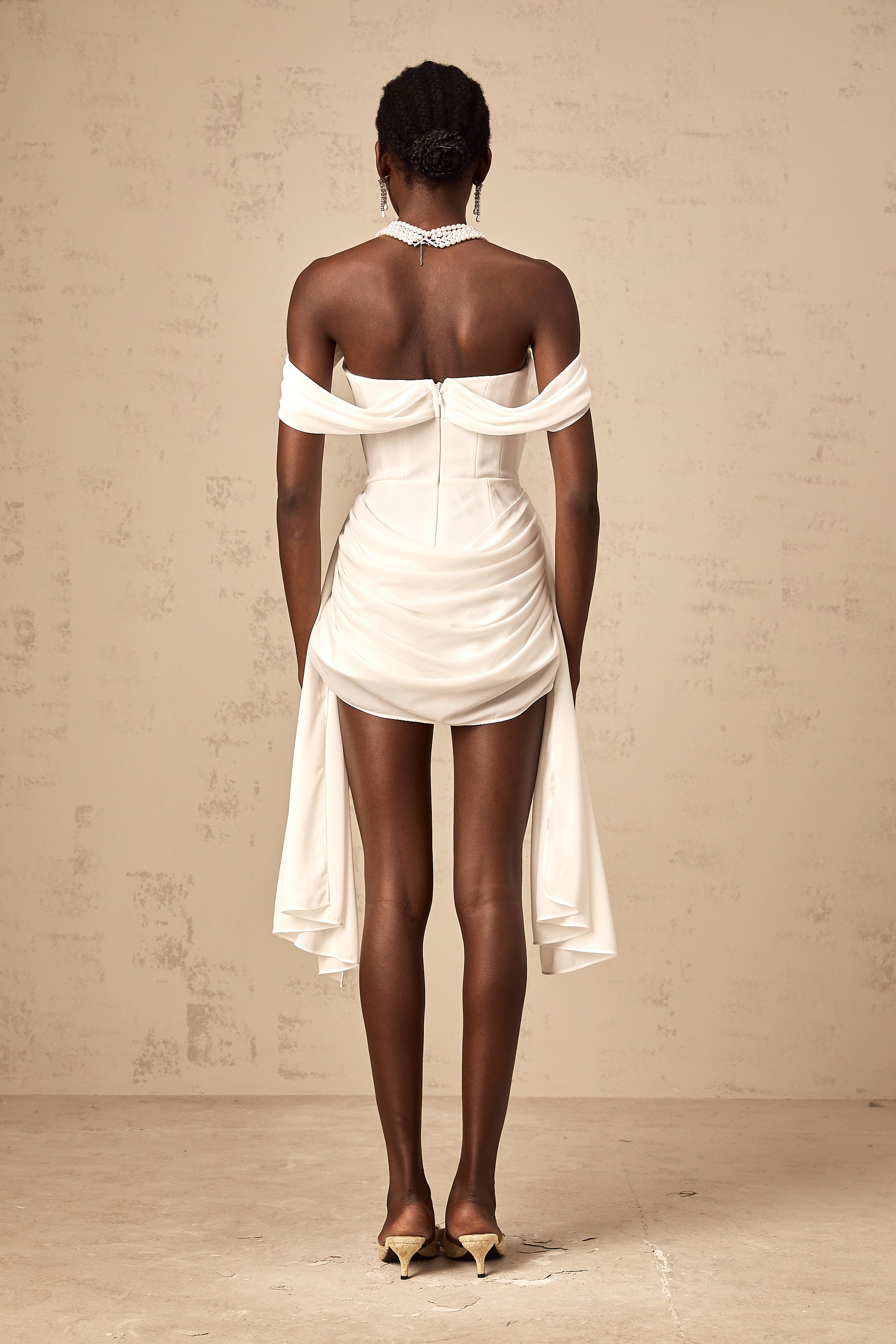 Gitta white ribbon-design ruched mini dress