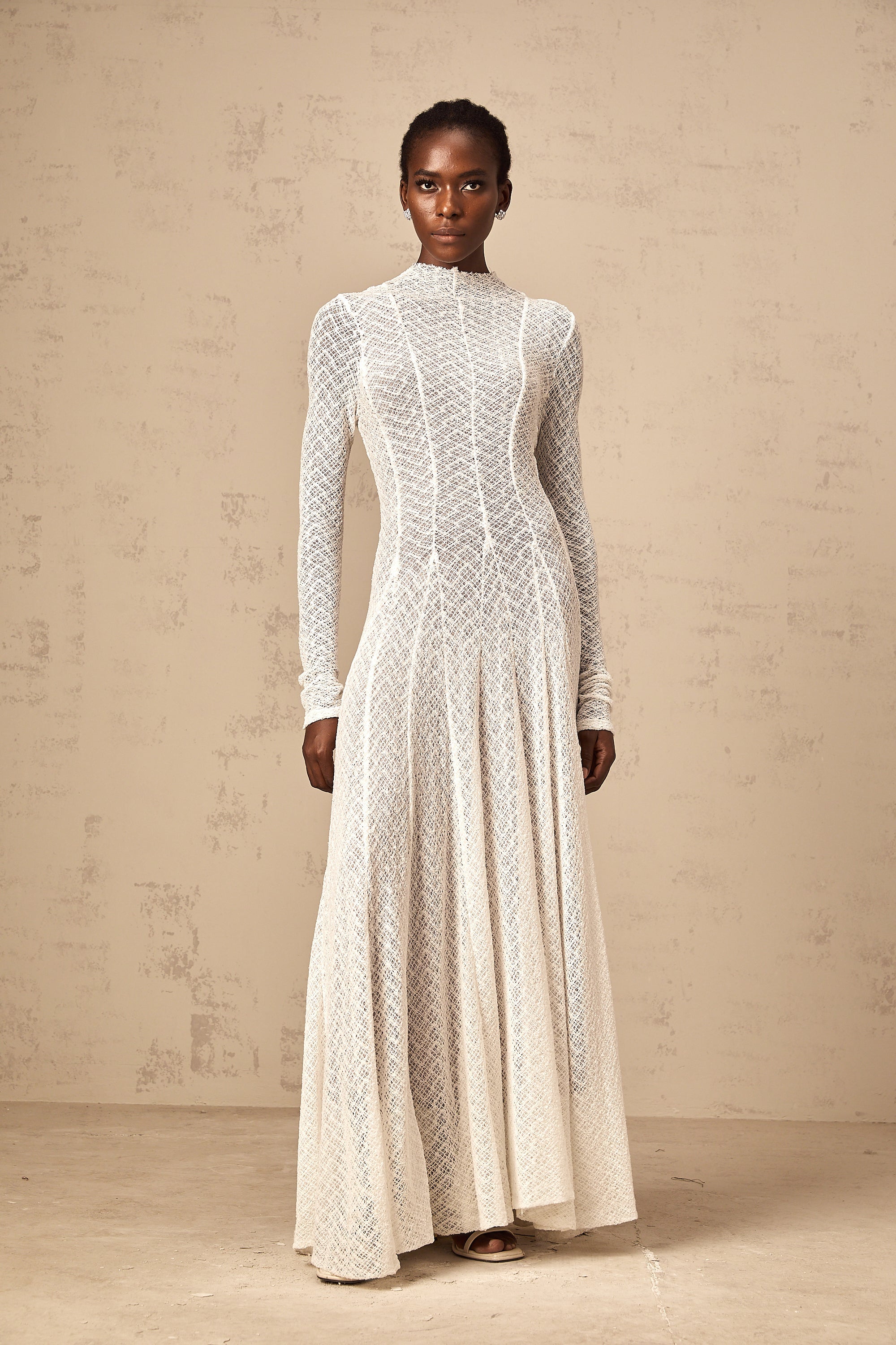 Athena wavy-pattern lace maxi dress in White