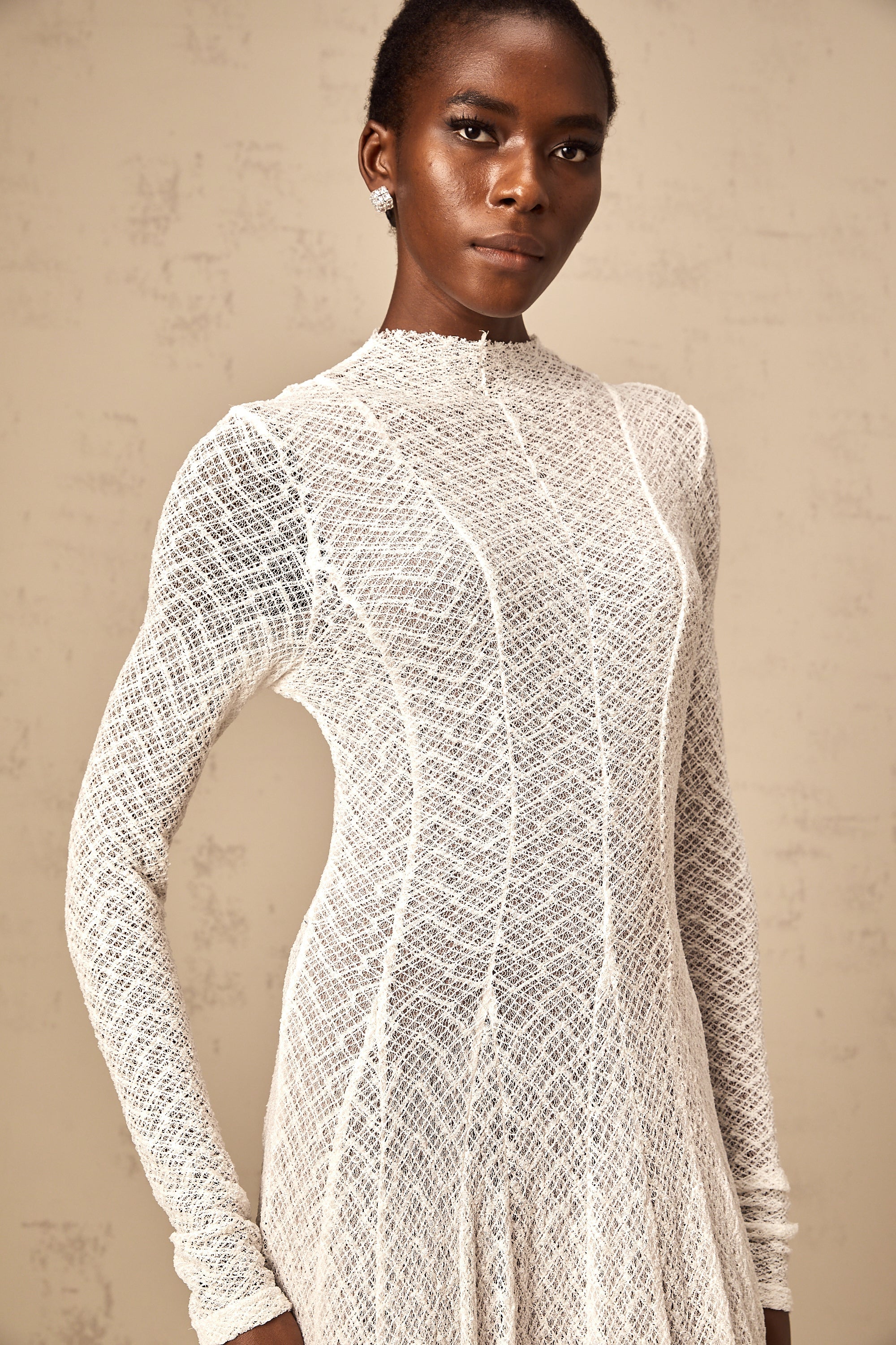 Athena wavy-pattern lace maxi dress in White
