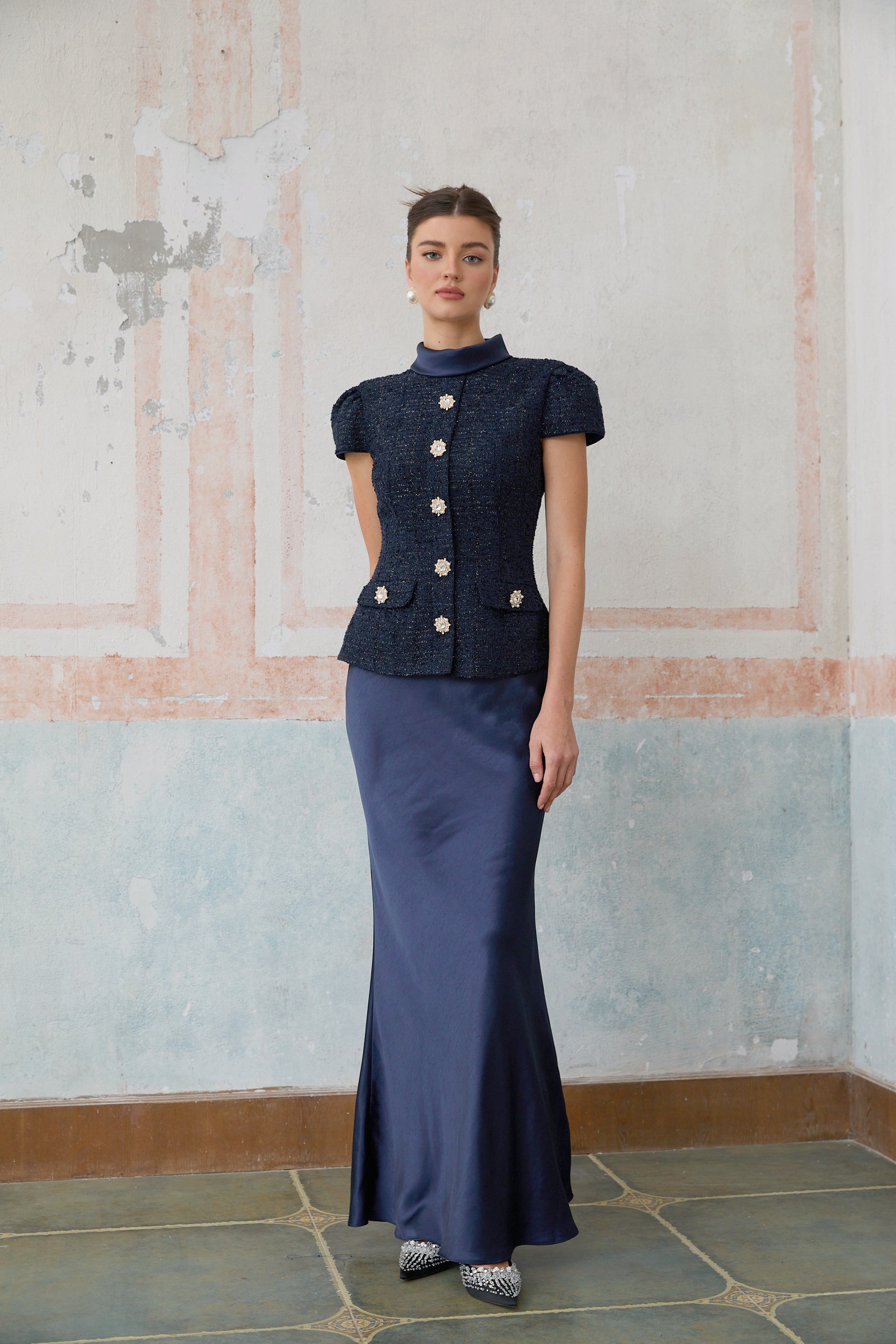 Josette blue peplum-waist panelled maxi dress
