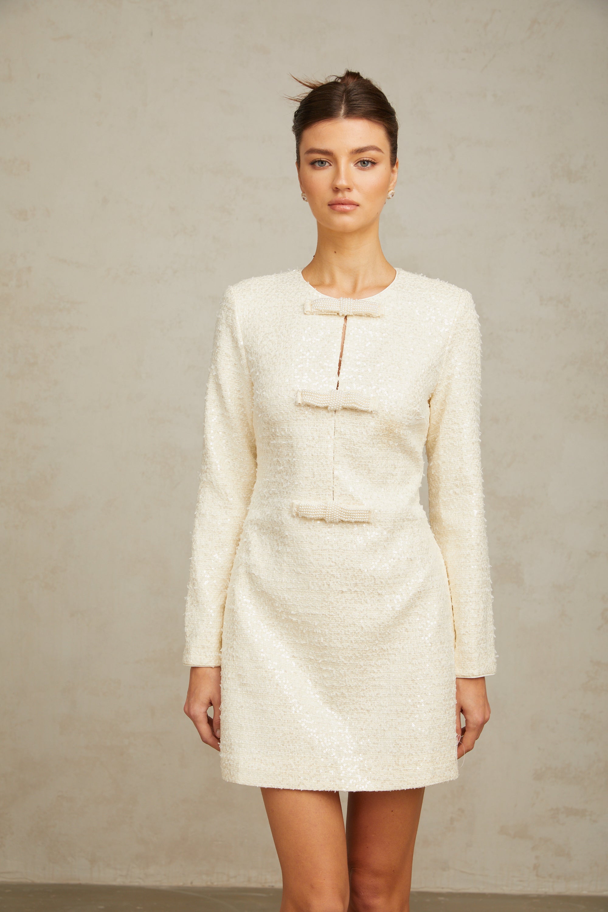 Angélique white sequined tweed mini dress
