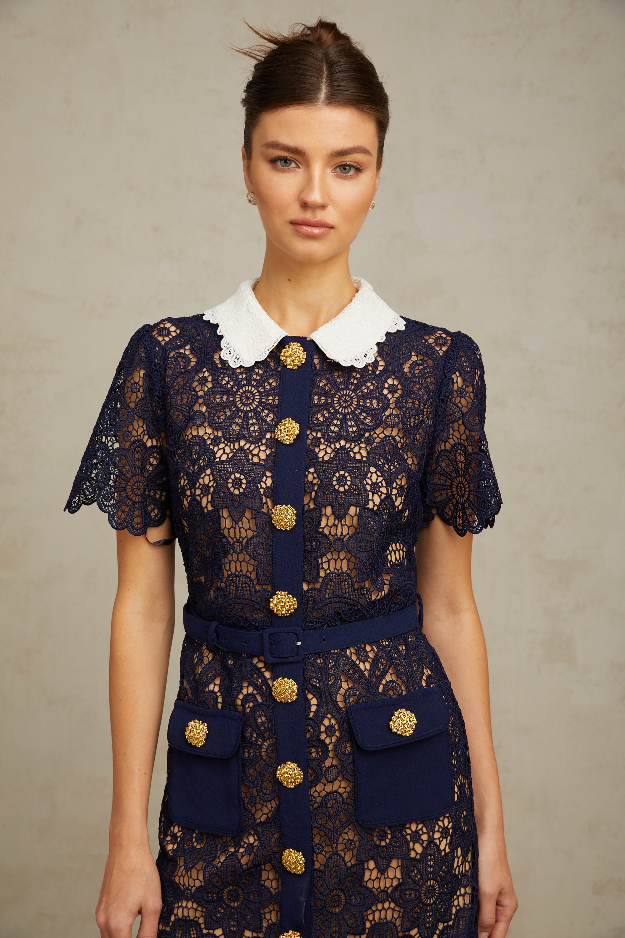 Ariane Navy Crochet-lace Midi Dress