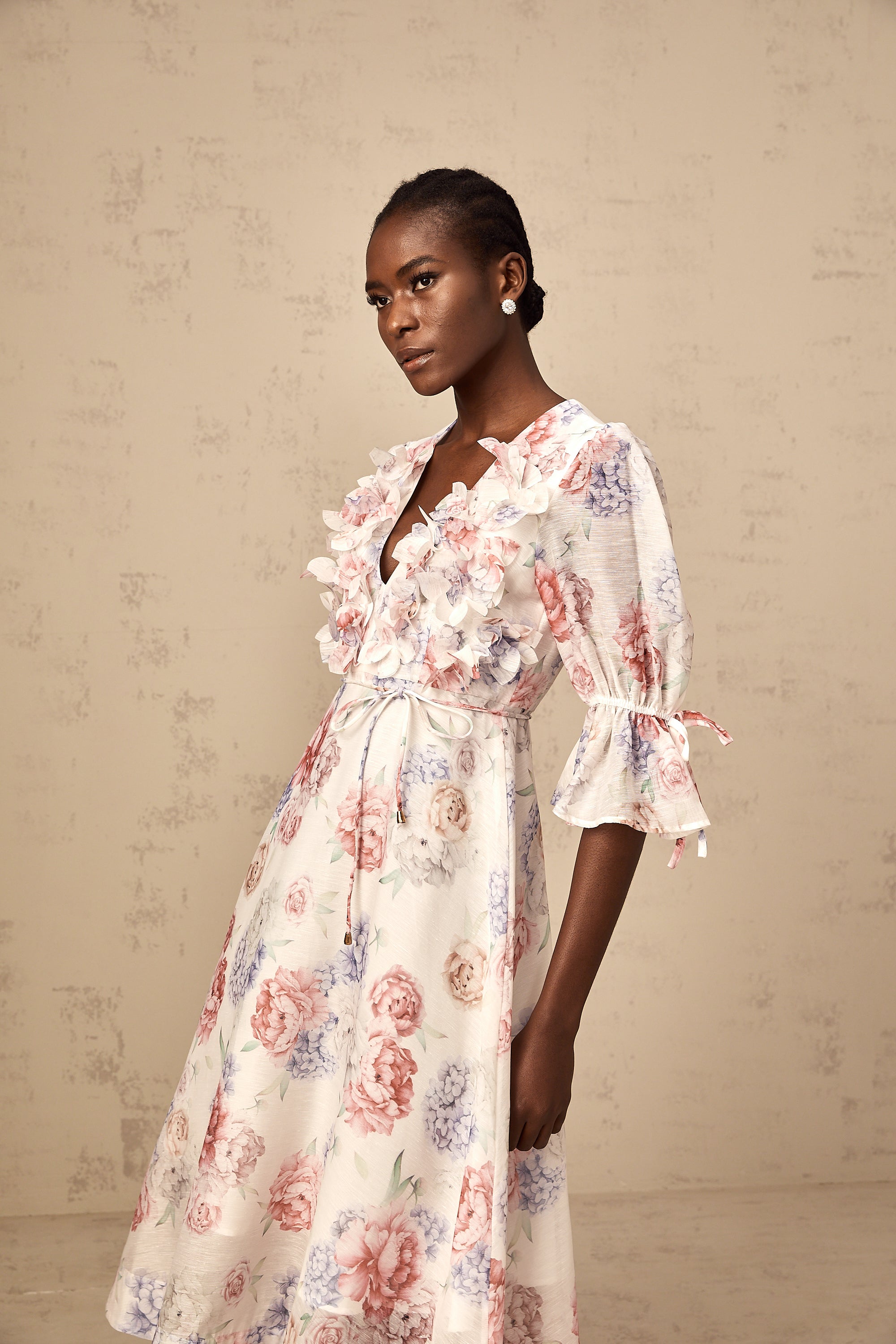 Téa 3d-petal floral-print midi dress