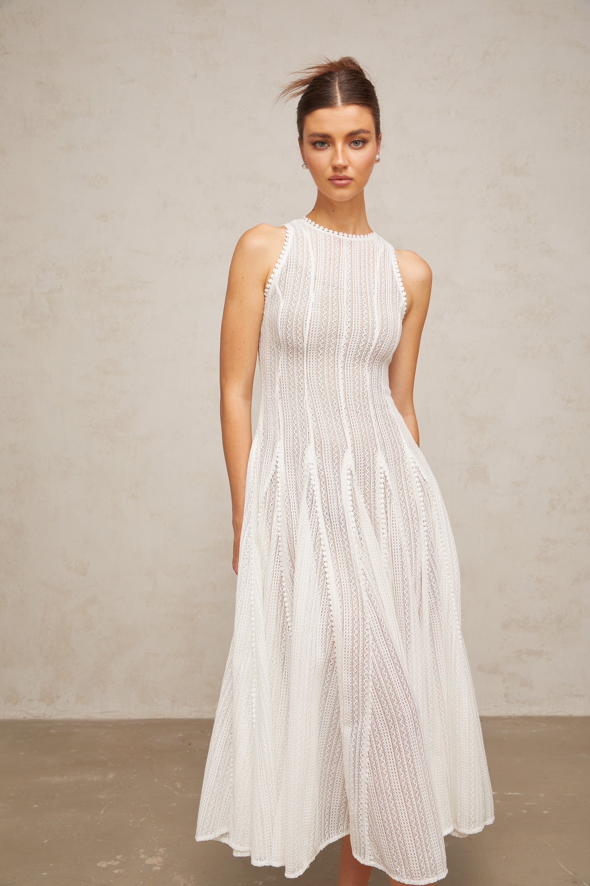 Hélène white pointelle puff midi dress